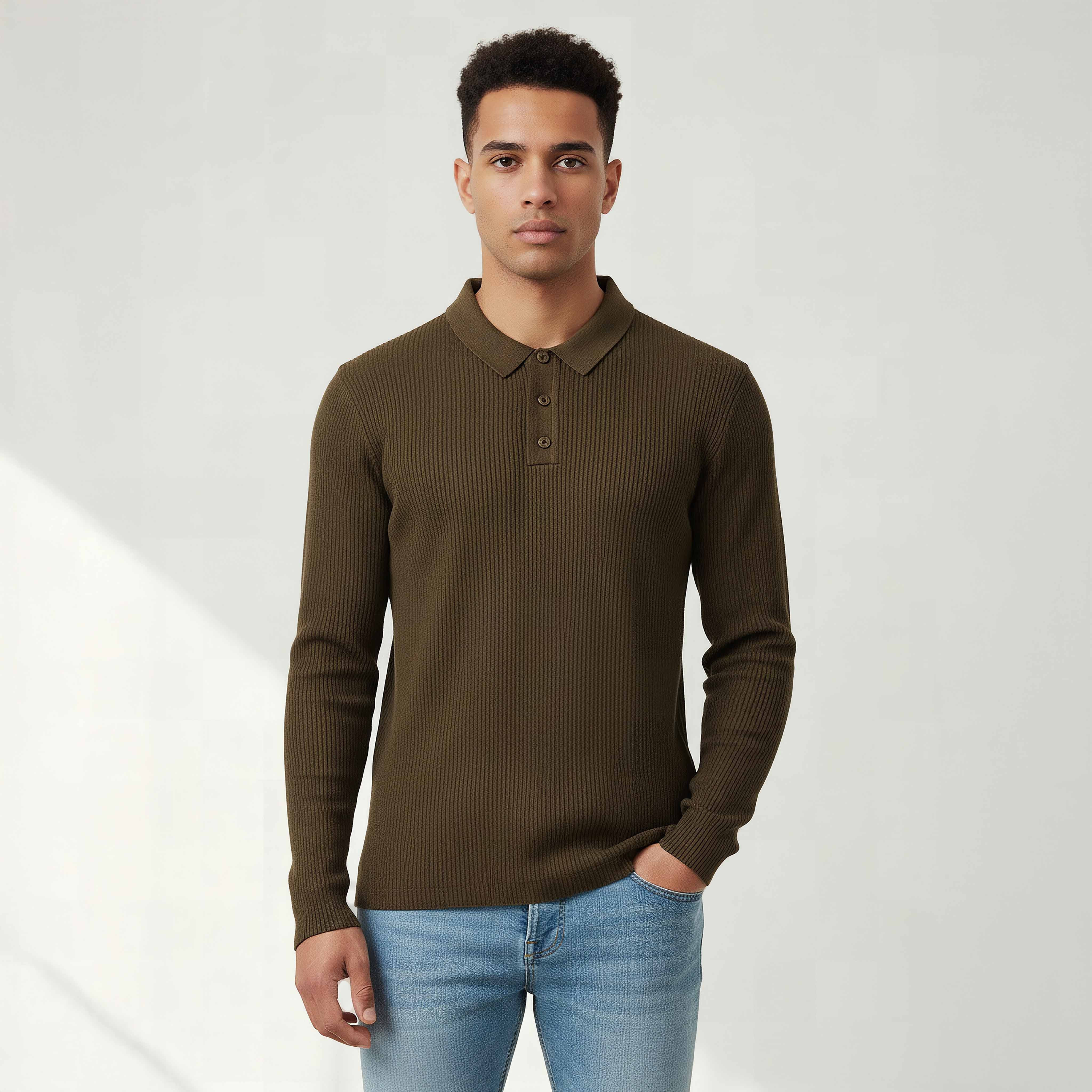 Textured Polo Collar Sweatshirt with Long Sleeves-men-winterwear-hoodiesandsweatshirts-image-1