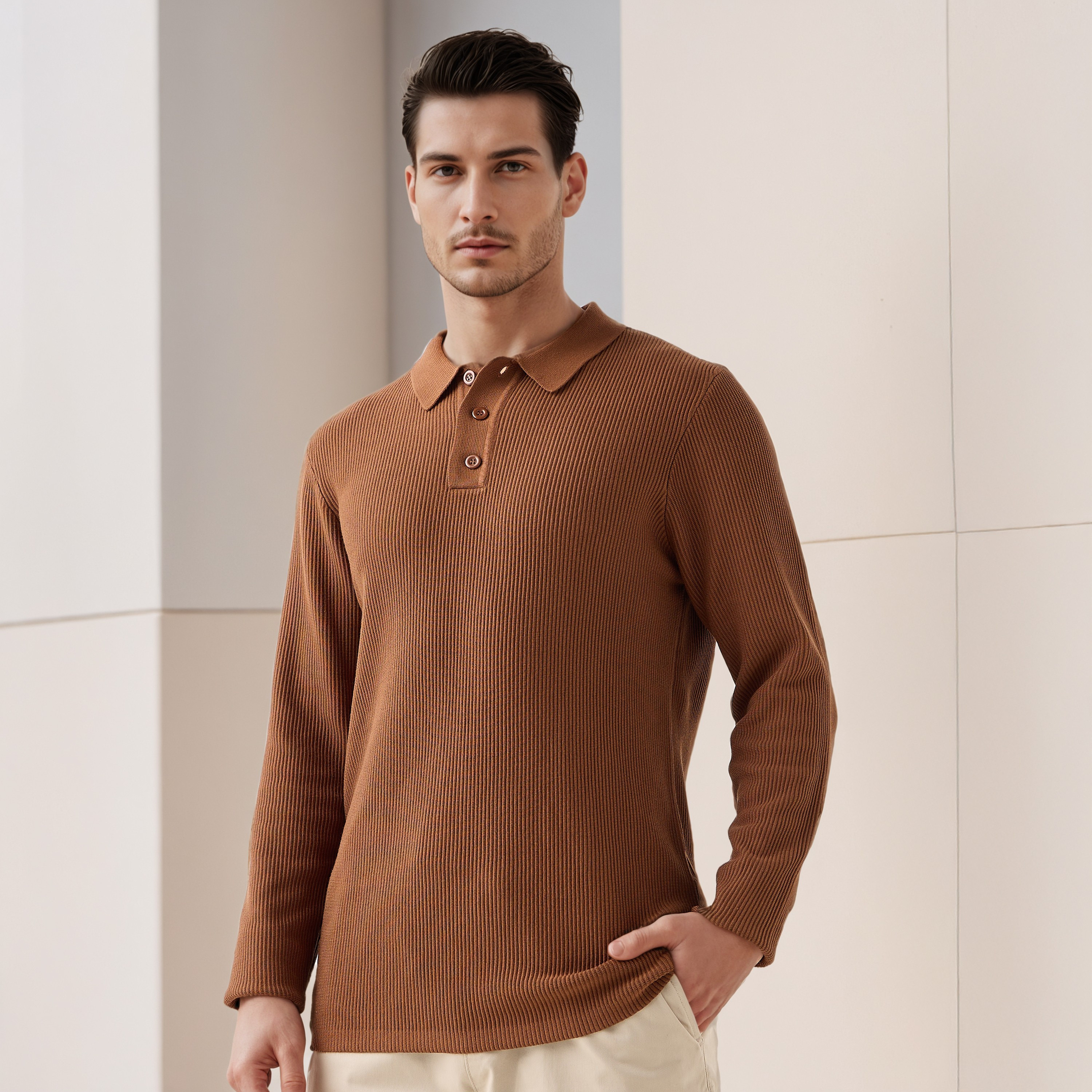 Textured Polo Collar Sweatshirt with Long Sleeves-men-winterwear-hoodiesandsweatshirts-image-6