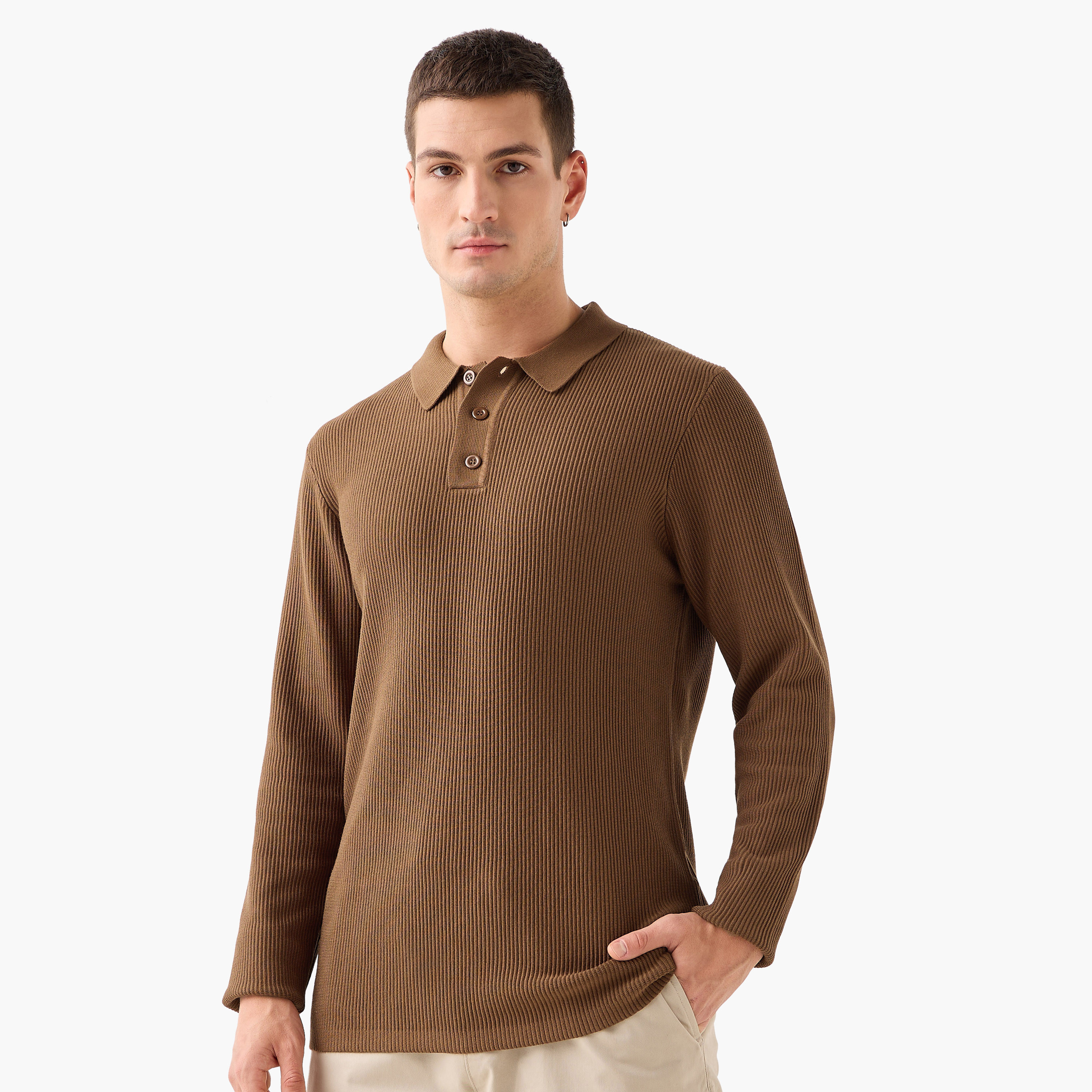 Textured Polo Collar Sweatshirt with Long Sleeves-men-winterwear-hoodiesandsweatshirts-image-7