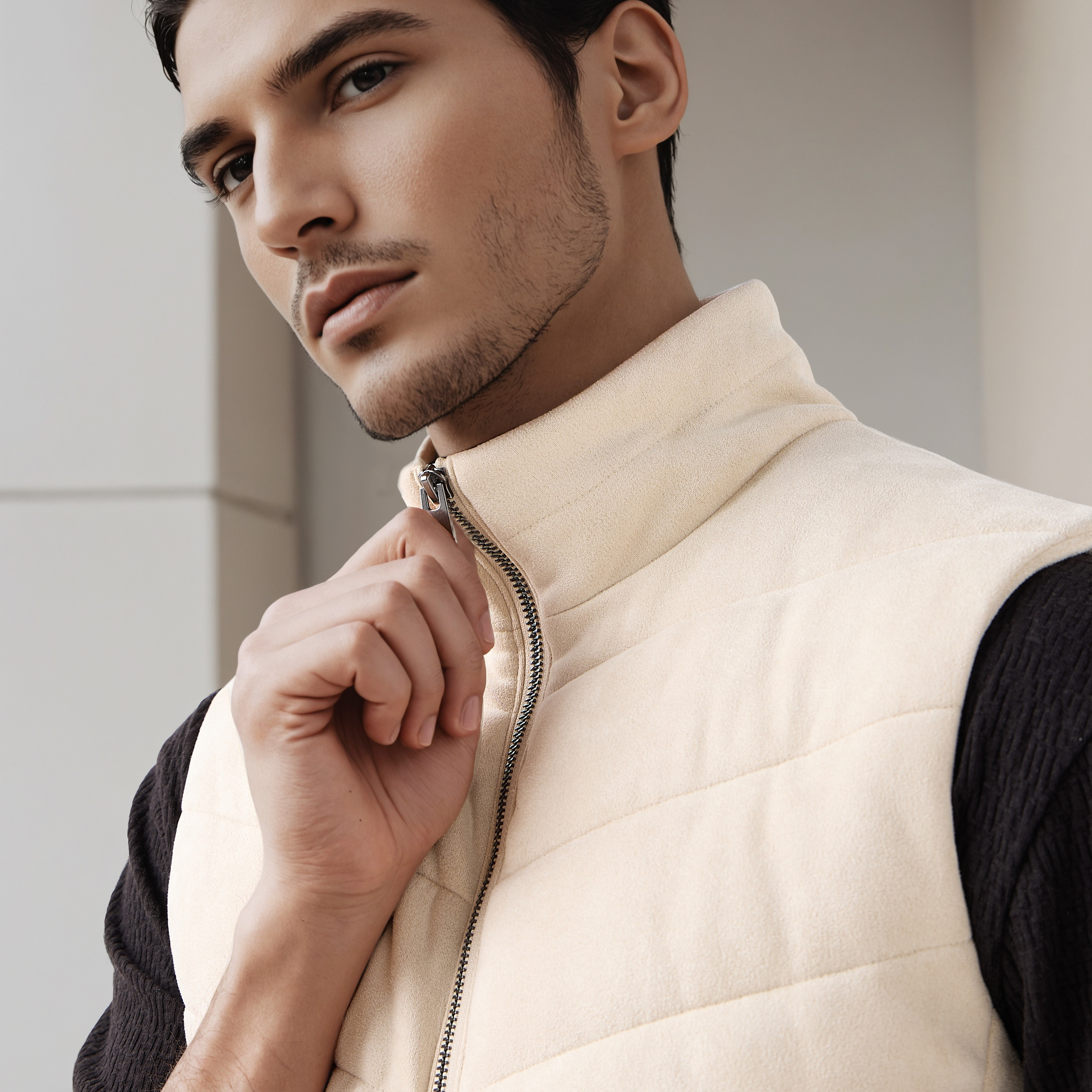Shop Men Regular Fit Suede High Neck Sleeveless Jacket Online ...