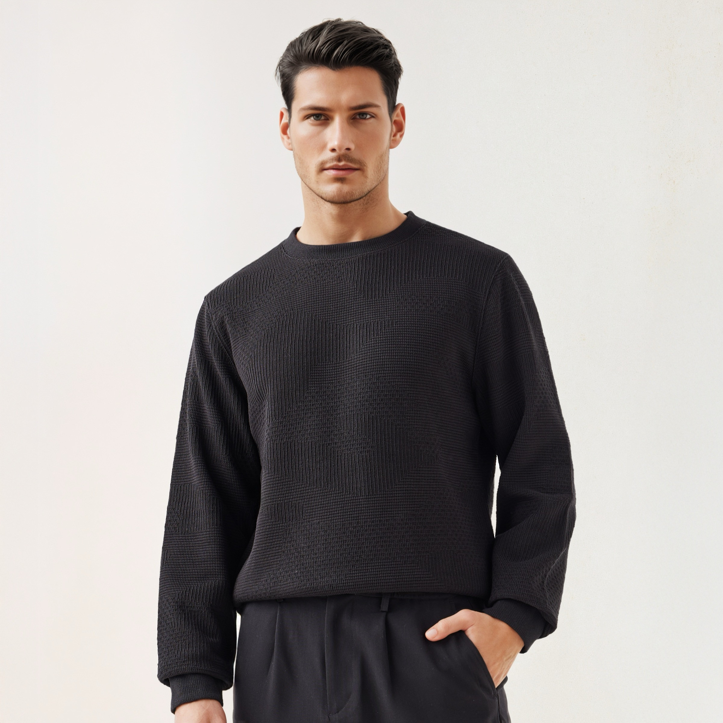 Textured Jacquard Sweatshirt with Crew Neck-men-winterwear-hoodiesandsweatshirts-image-1