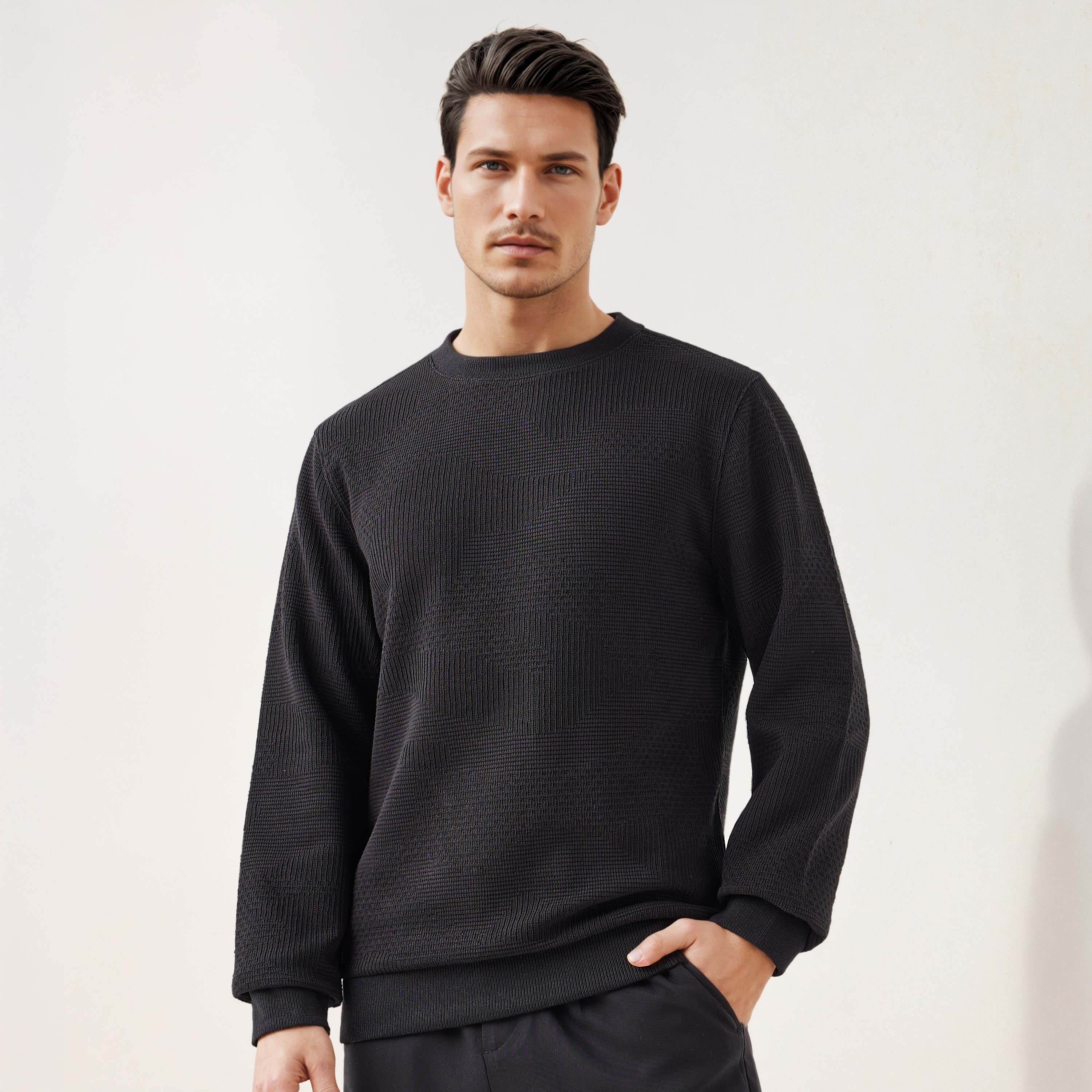Textured Jacquard Sweatshirt with Crew Neck-men-winterwear-hoodiesandsweatshirts-image-5