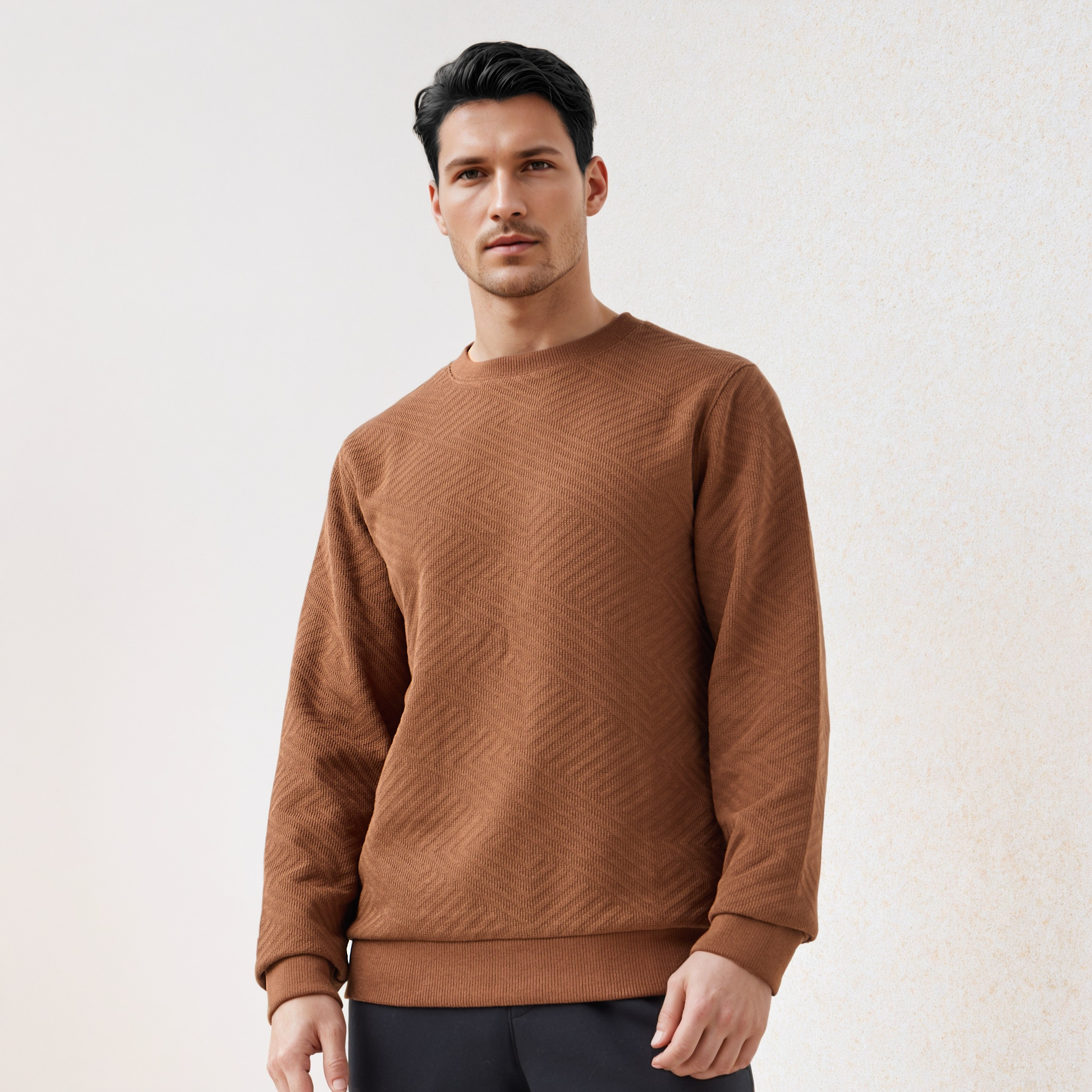 Textured Jacquard Sweatshirt with Crew Neck-men-winterwear-hoodiesandsweatshirts-image-1