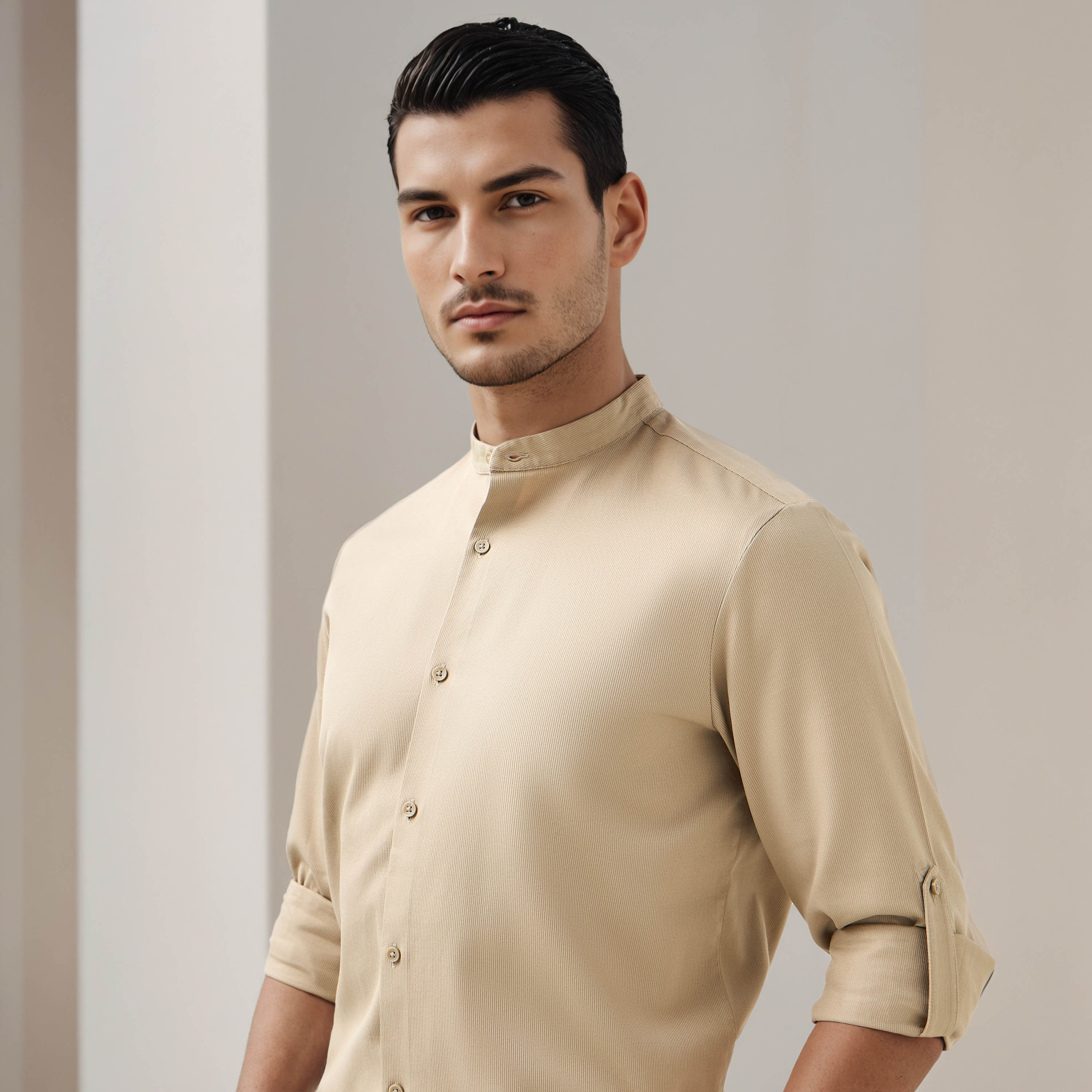 Regular Fit Textured Shirt with Mandarin Collar-men-clothing-shirts-image-4