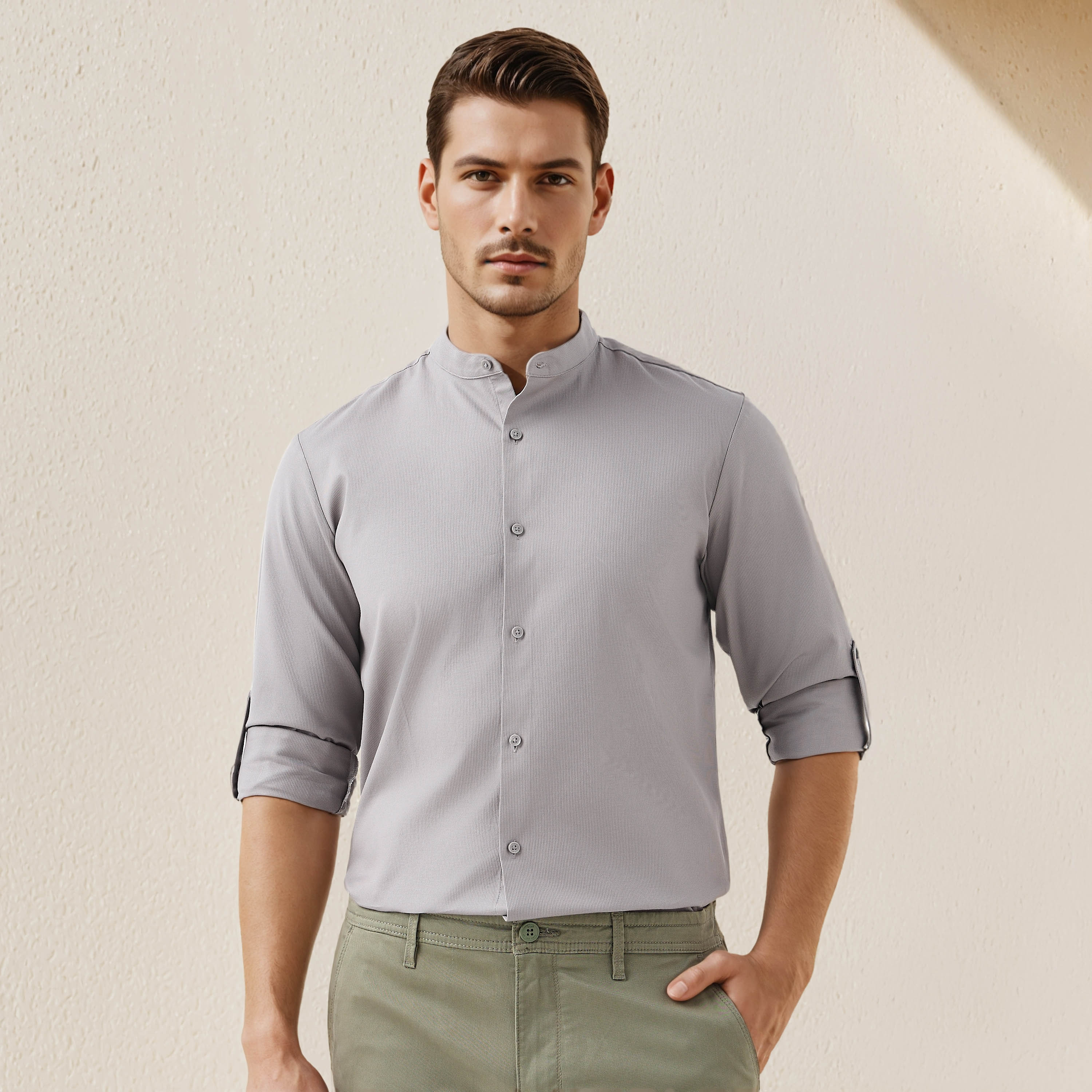 Regular Fit Textured Shirt with Mandarin Collar-men-clothing-shirts-image-1