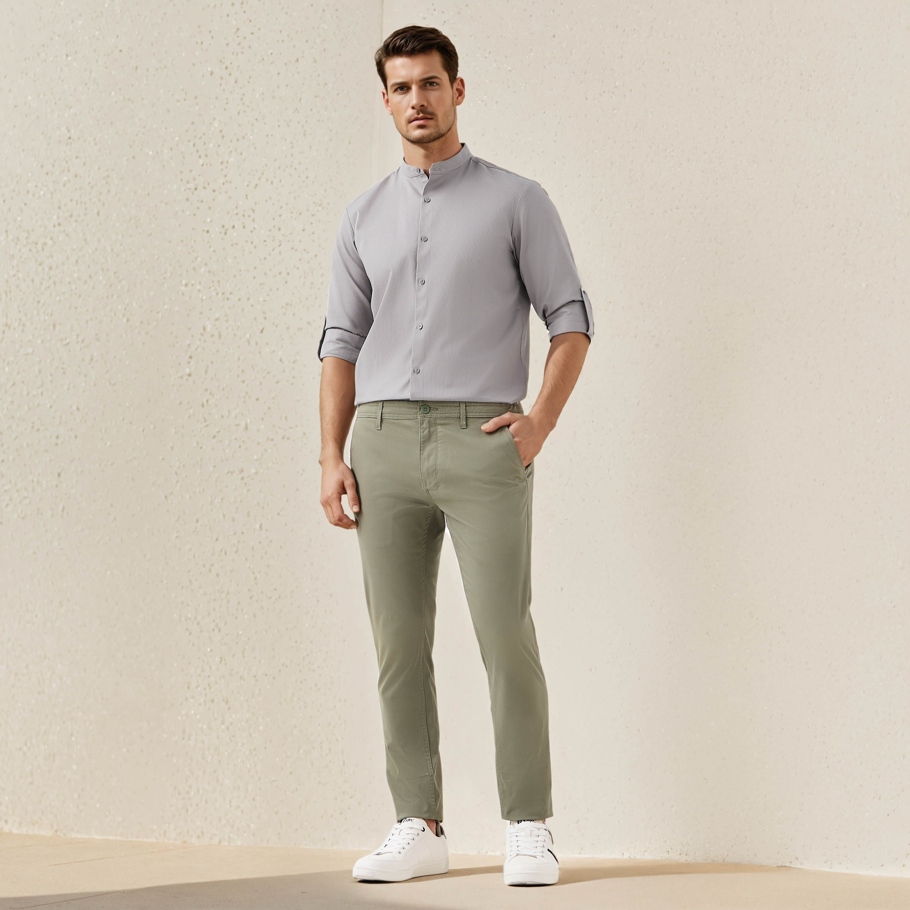 Regular Fit Textured Shirt with Mandarin Collar-men-clothing-shirts-image-2