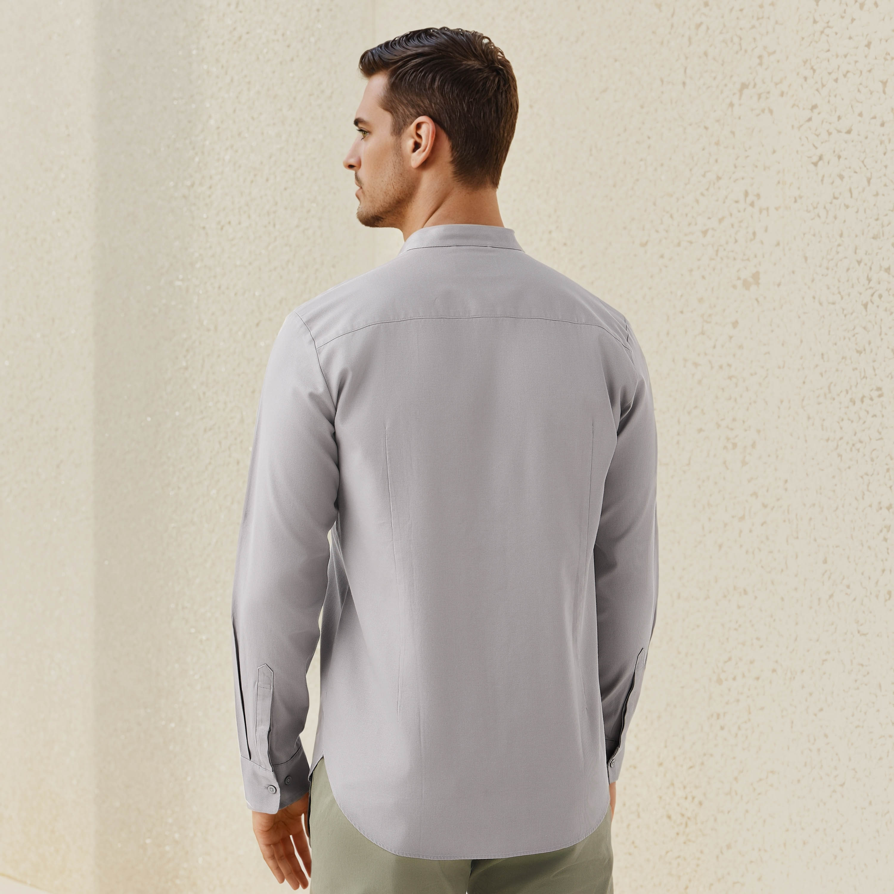 Regular Fit Textured Shirt with Mandarin Collar-men-clothing-shirts-image-3