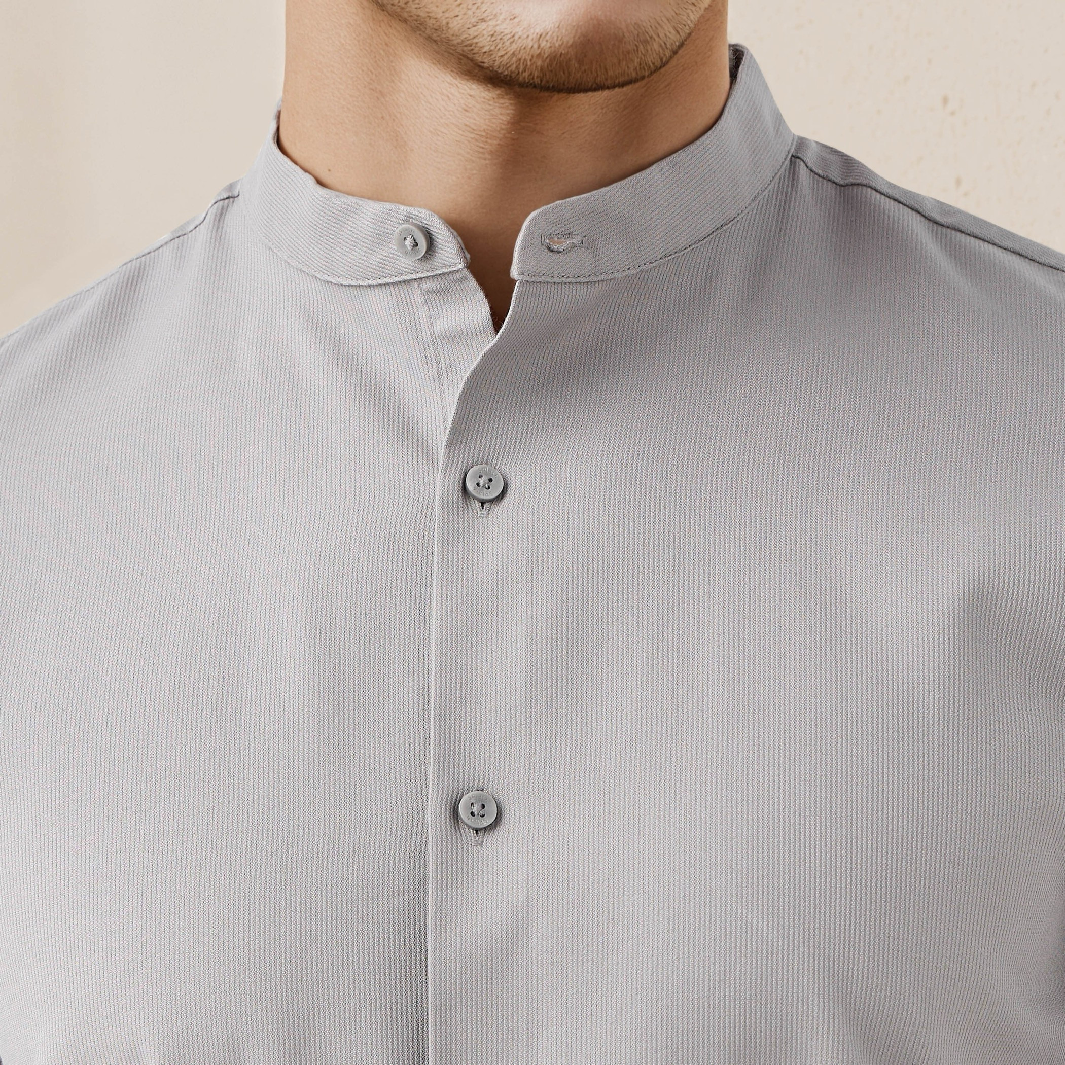 Regular Fit Textured Shirt with Mandarin Collar-men-clothing-shirts-image-4