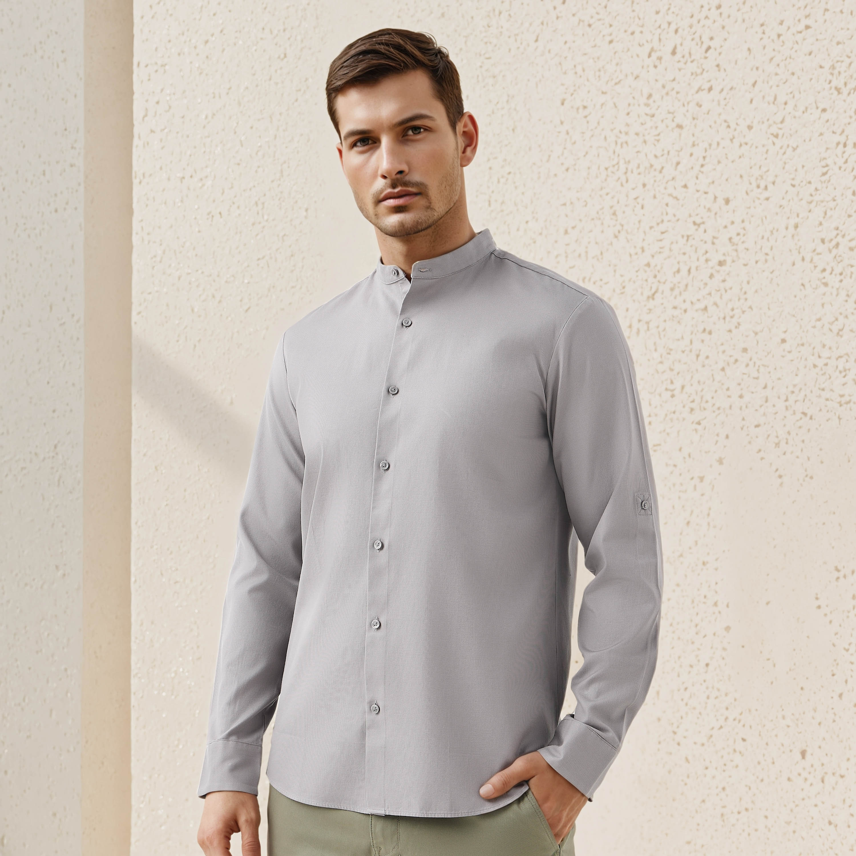 Regular Fit Textured Shirt with Mandarin Collar-men-clothing-shirts-image-6