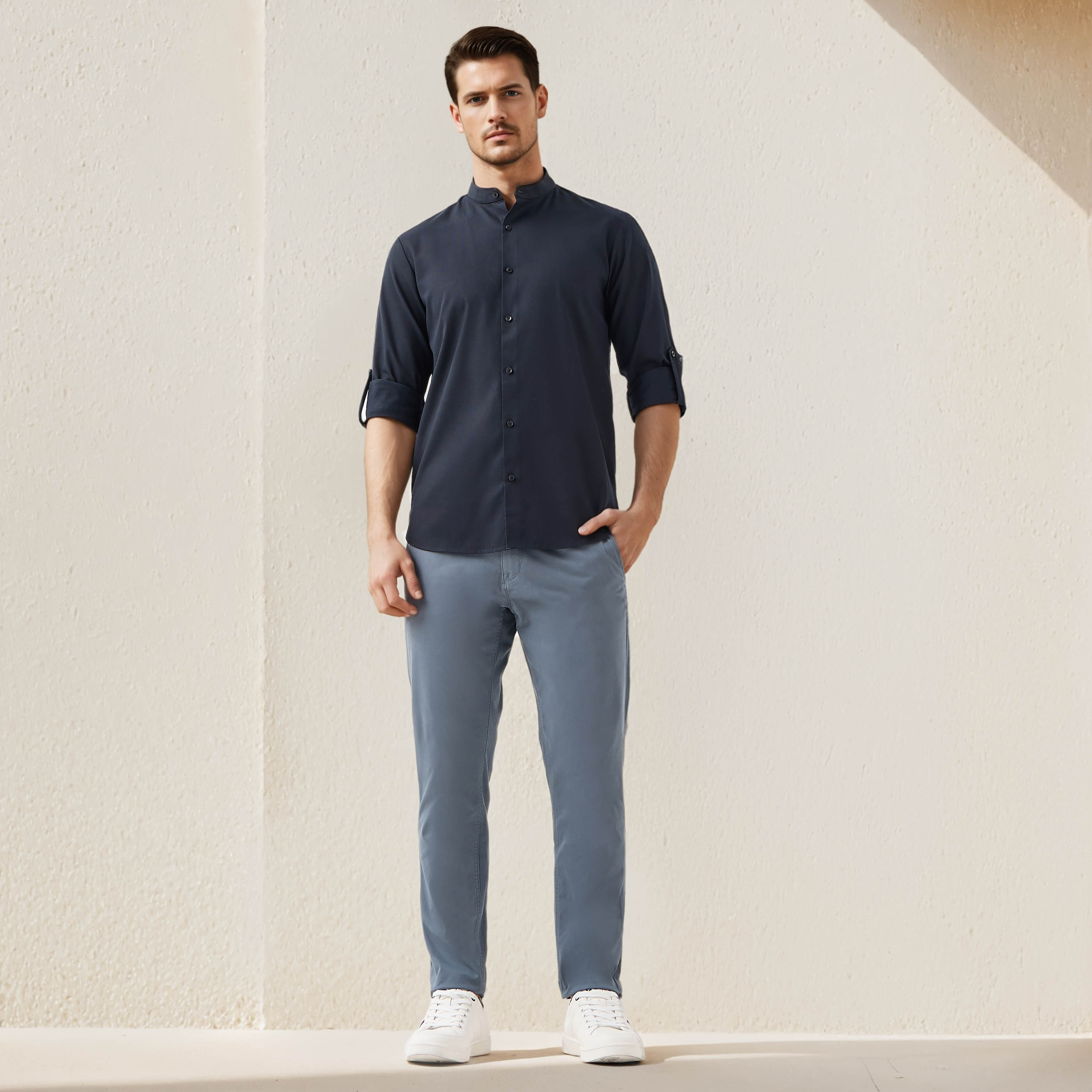 Regular Fit Textured Shirt with Mandarin Collar-men-clothing-shirts-image-2