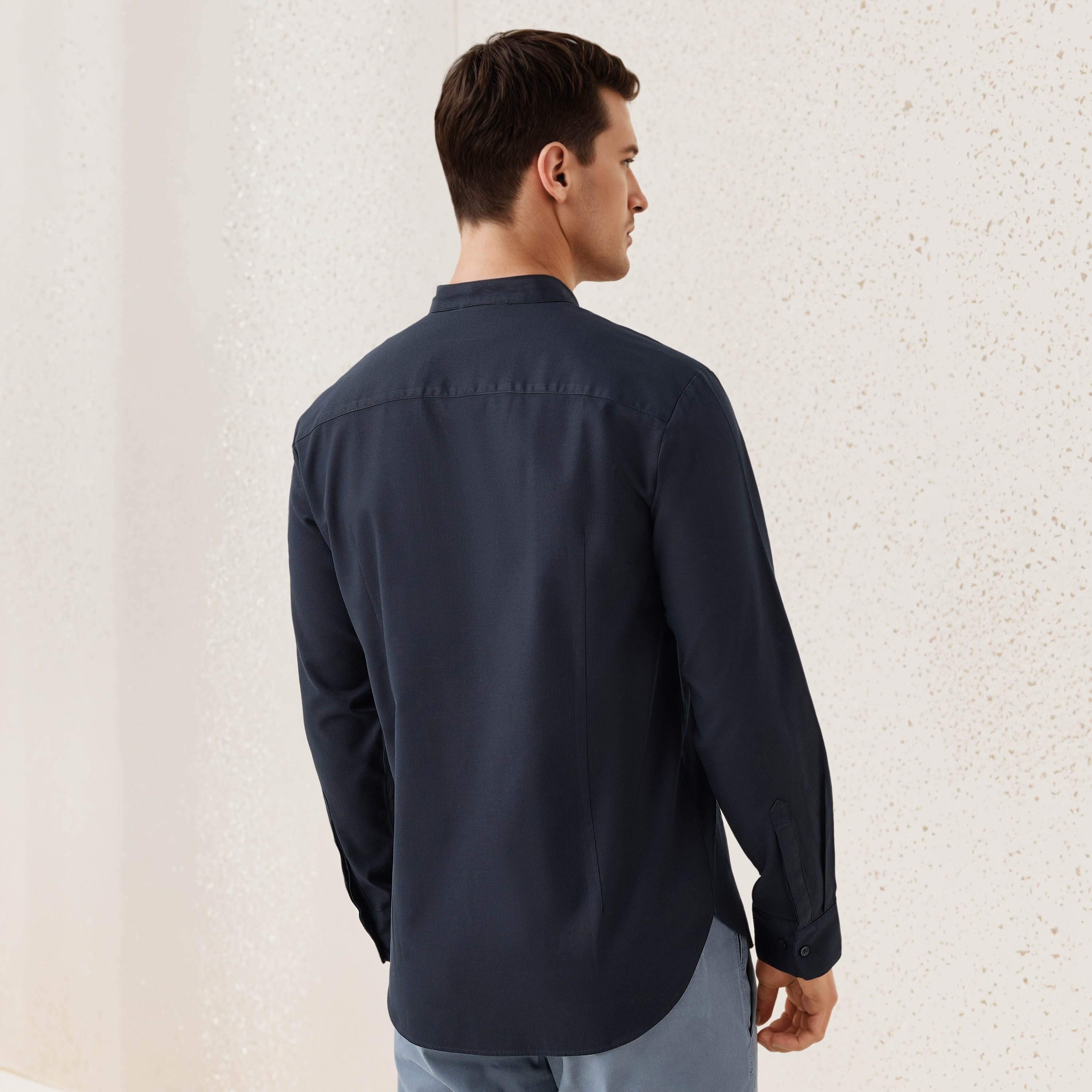 Regular Fit Textured Shirt with Mandarin Collar-men-clothing-shirts-image-3