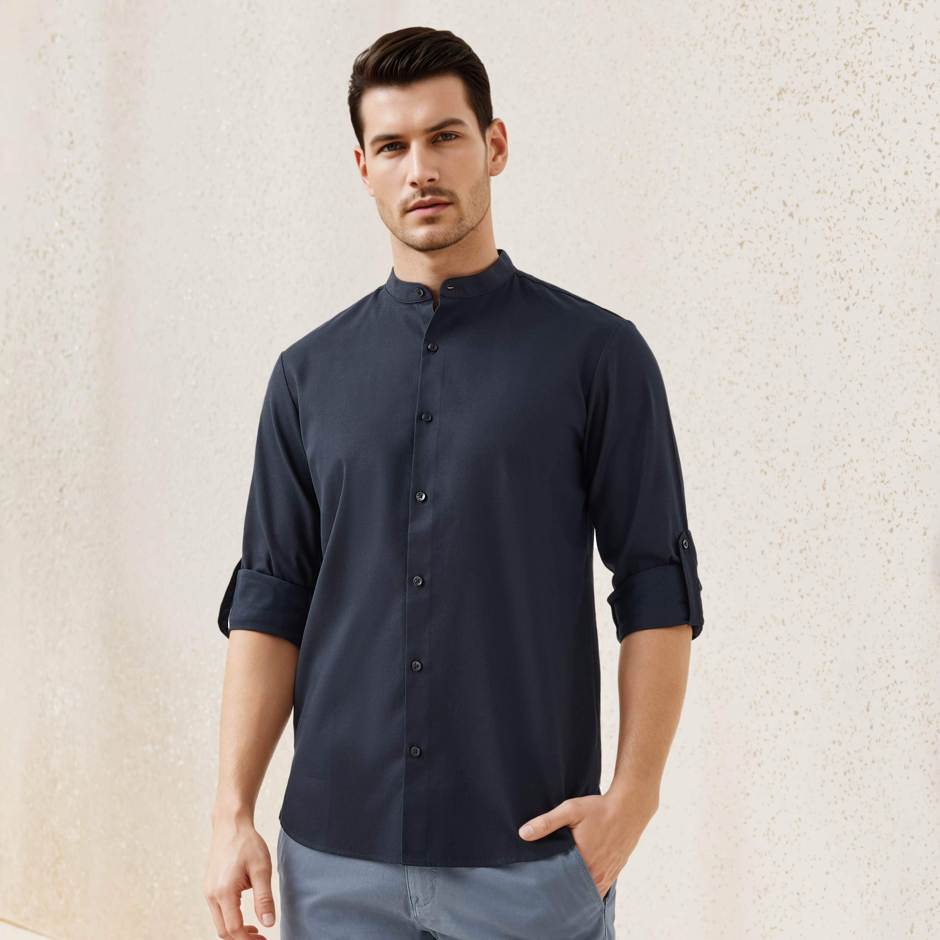 Regular Fit Textured Shirt with Mandarin Collar-men-clothing-shirts-image-6