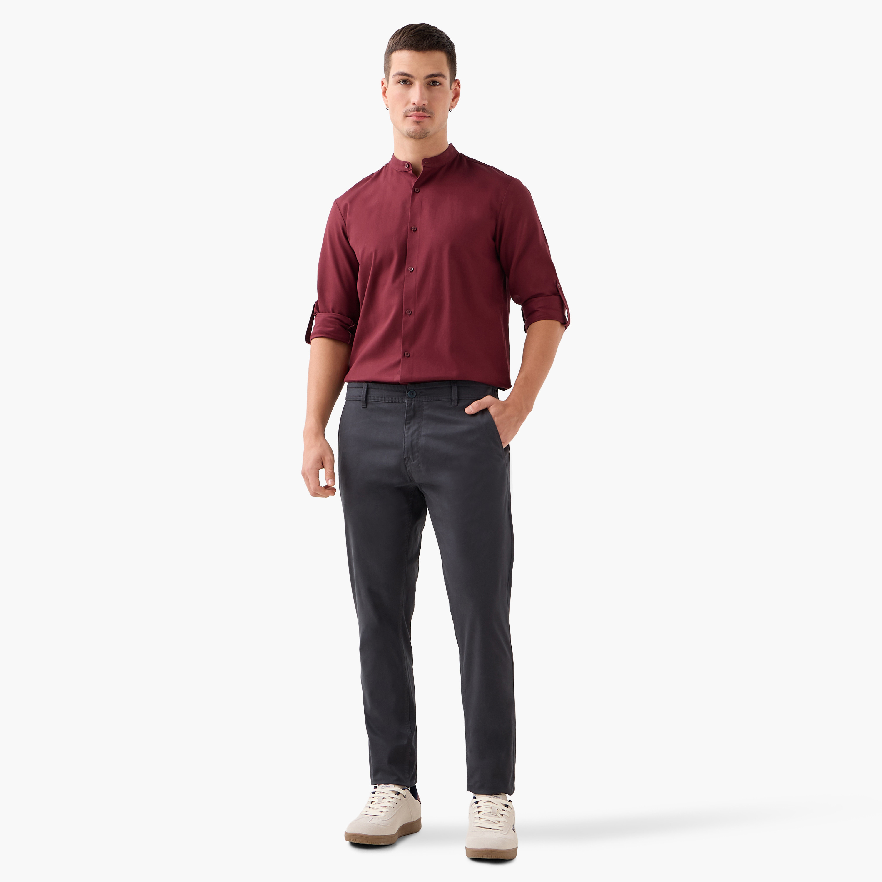 قميص بارز الملمس بياقة ماندرين وقصة عادية-men-clothing-shirts-image-2