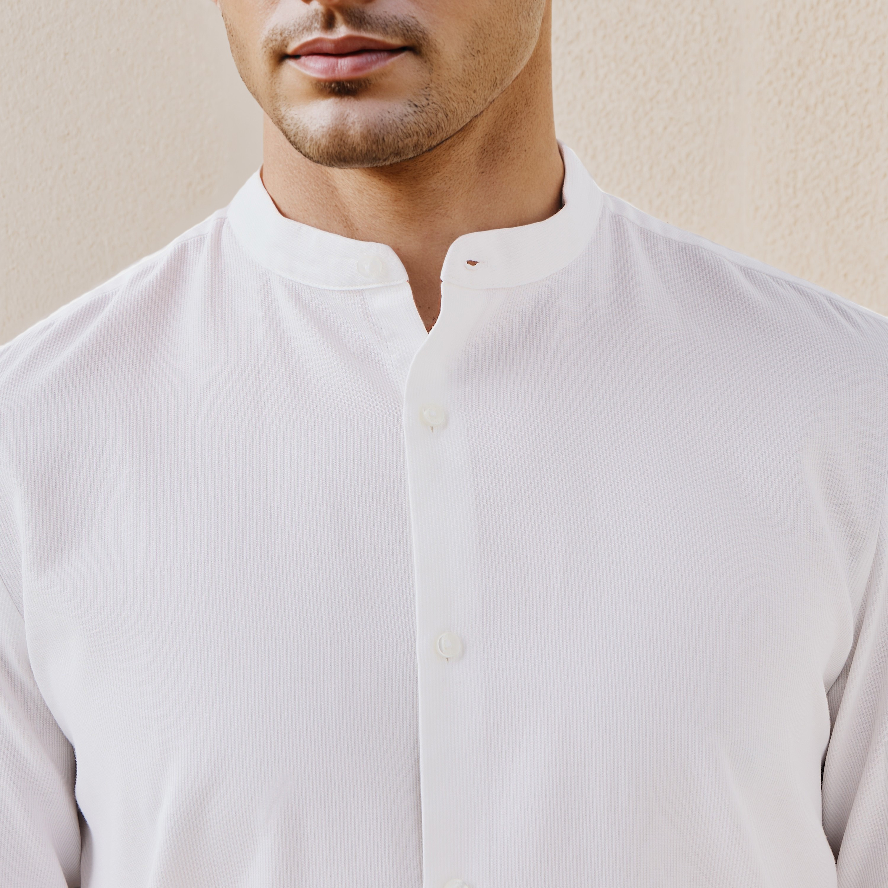 Regular Fit Textured Shirt with Mandarin Collar-men-clothing-shirts-image-4