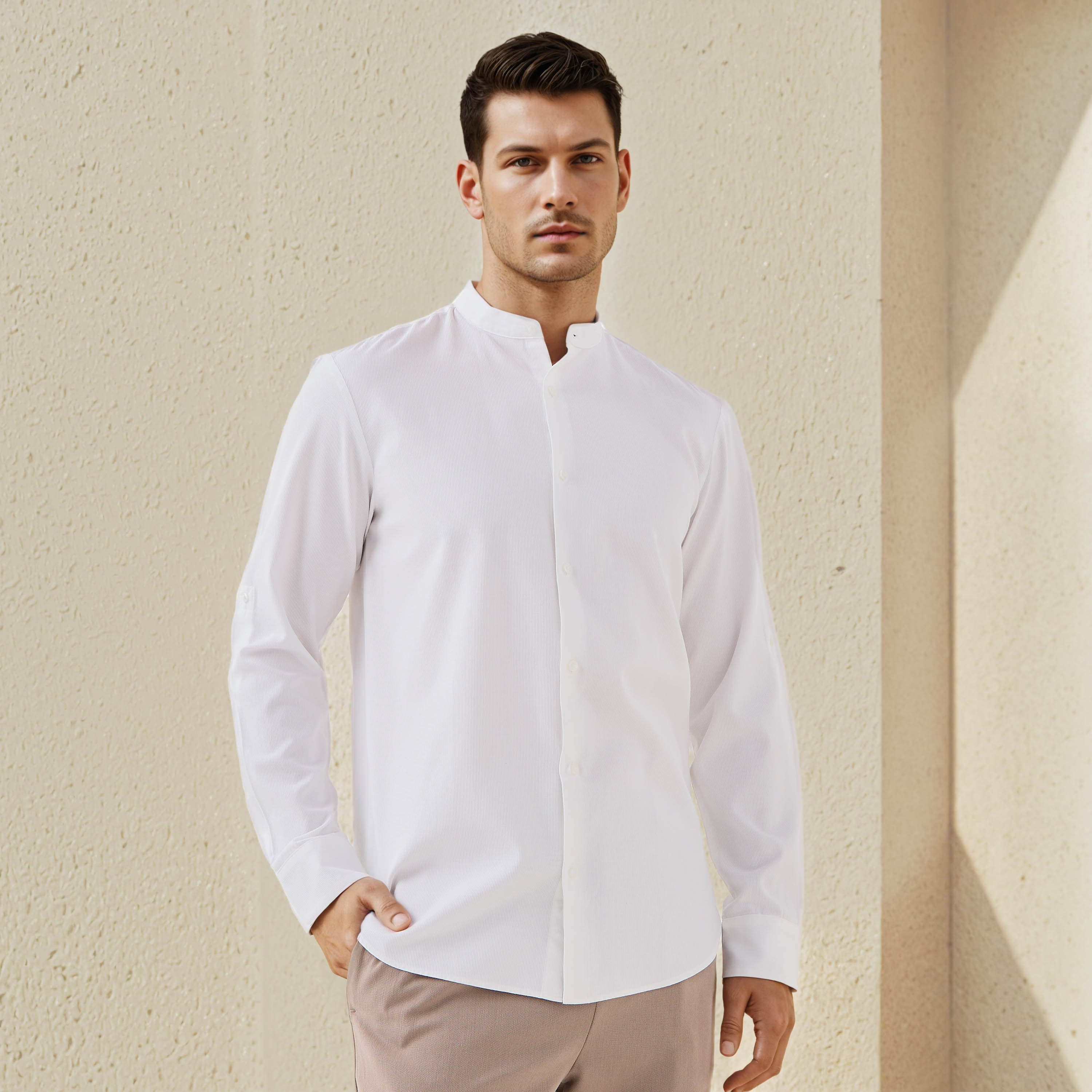 Regular Fit Textured Shirt with Mandarin Collar-men-clothing-shirts-image-6