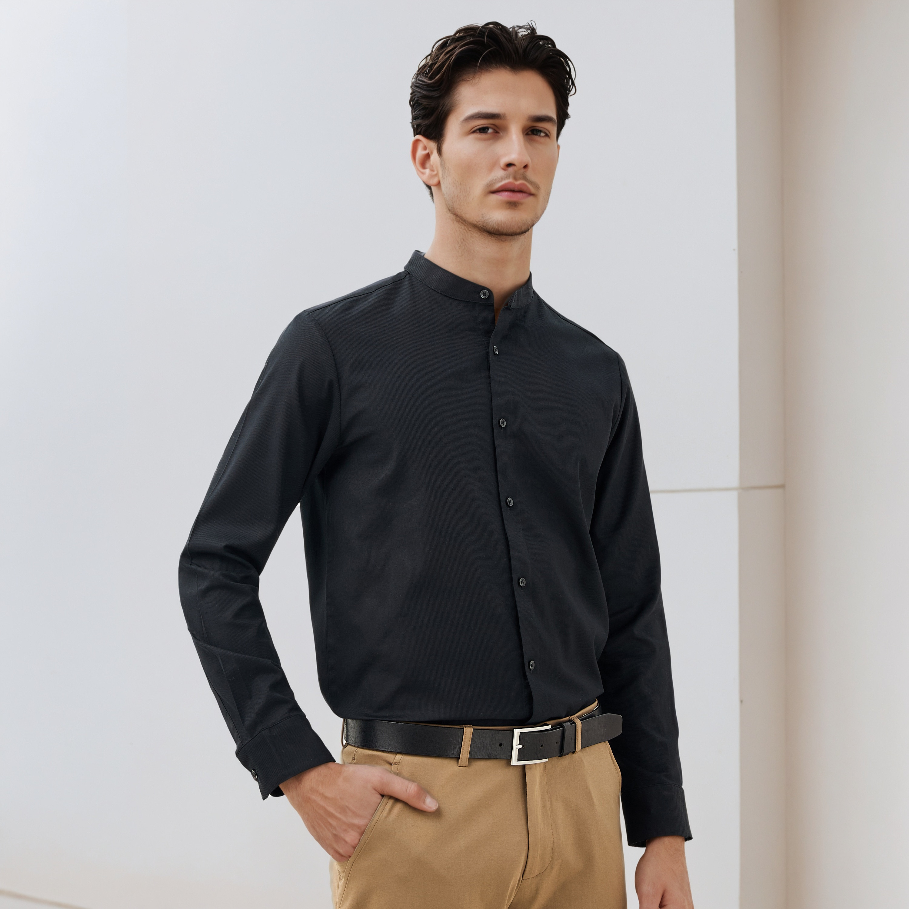 Regular Fit Textured Mandarin Collar Shirt with Long Sleeves-men-clothing-shirts-image-1