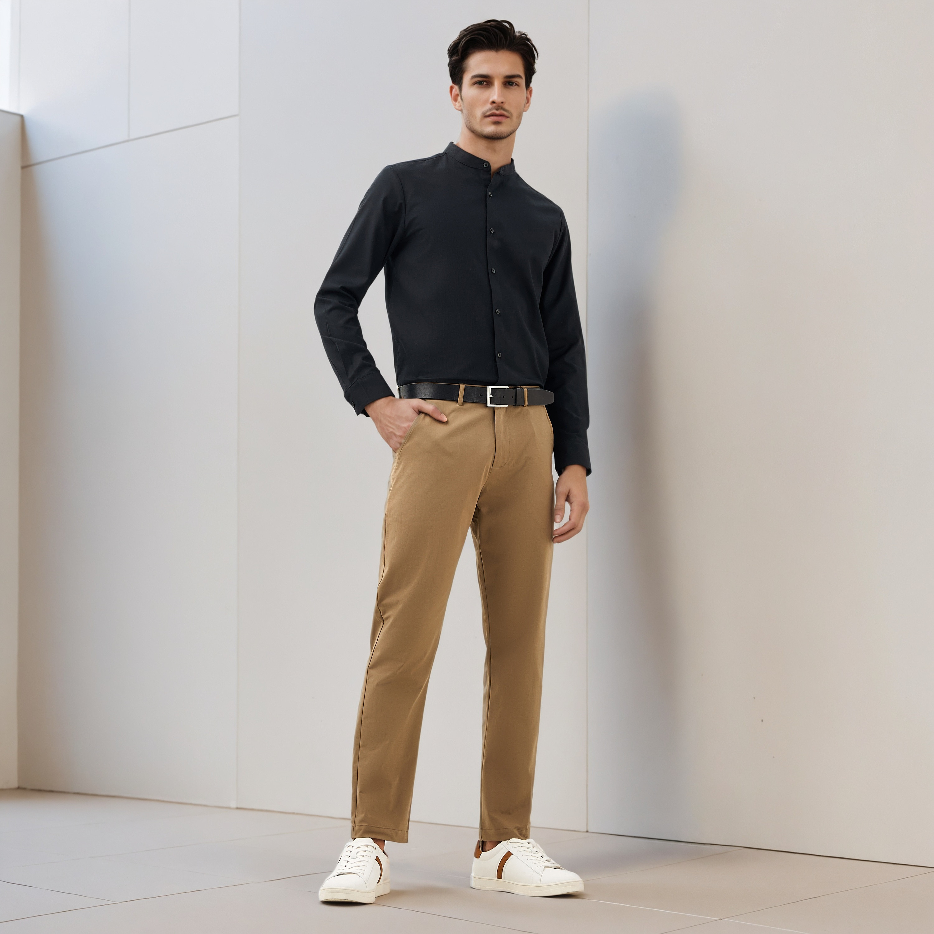 Regular Fit Textured Mandarin Collar Shirt with Long Sleeves-men-clothing-shirts-image-2