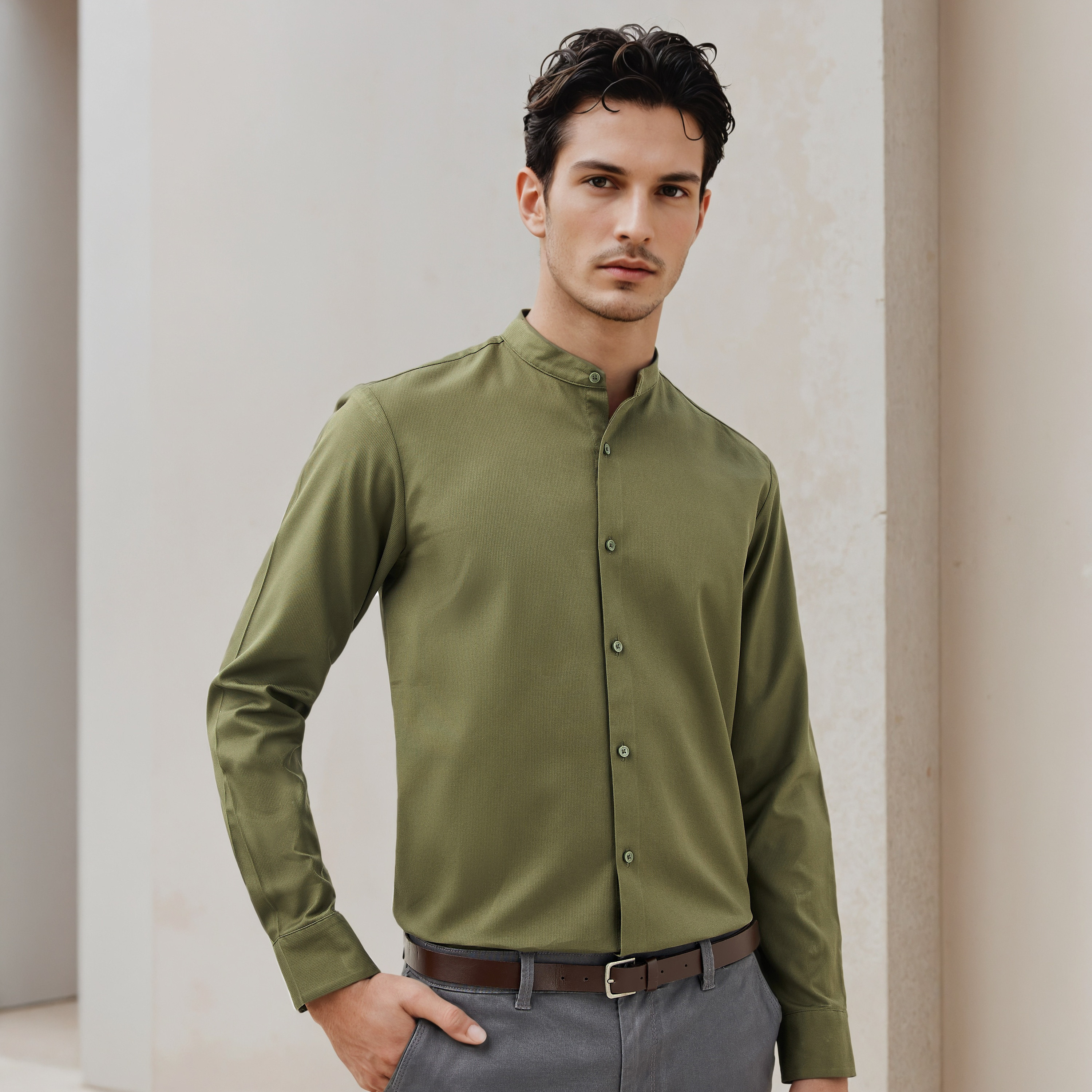 Regular Fit Textured Mandarin Collar Shirt with Long Sleeves-men-clothing-shirts-image-1