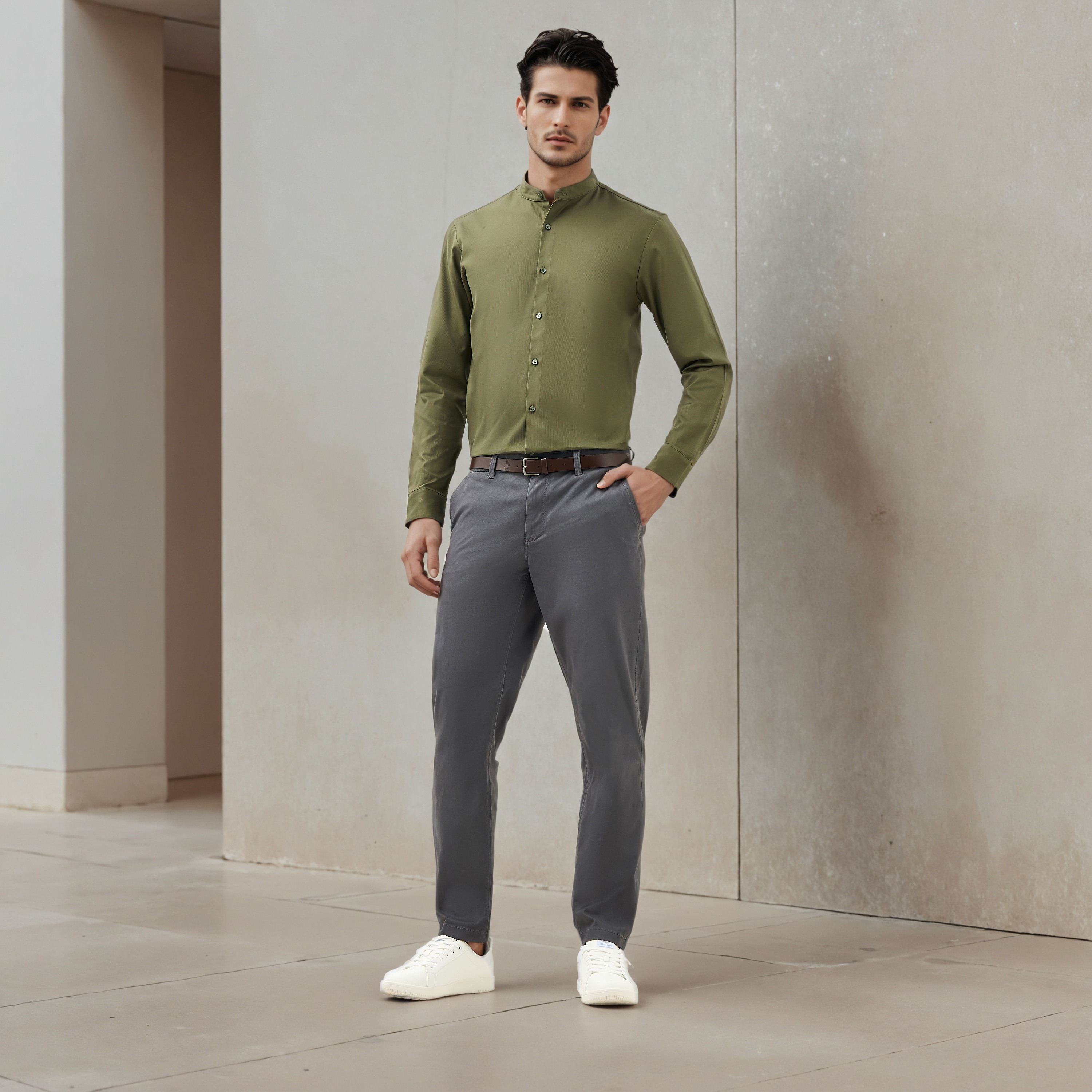 Regular Fit Textured Mandarin Collar Shirt with Long Sleeves-men-clothing-shirts-image-2