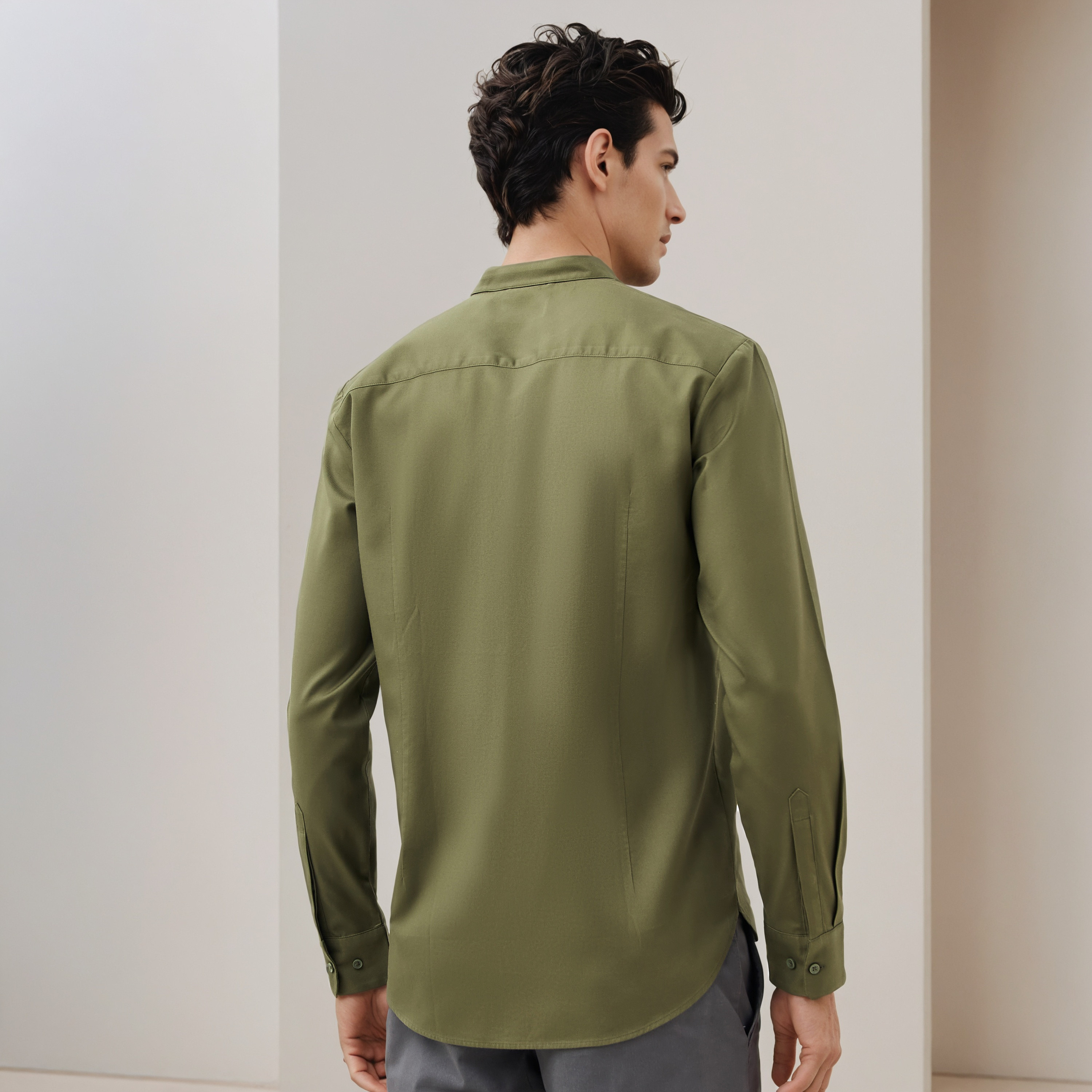 Regular Fit Textured Mandarin Collar Shirt with Long Sleeves-men-clothing-shirts-image-3