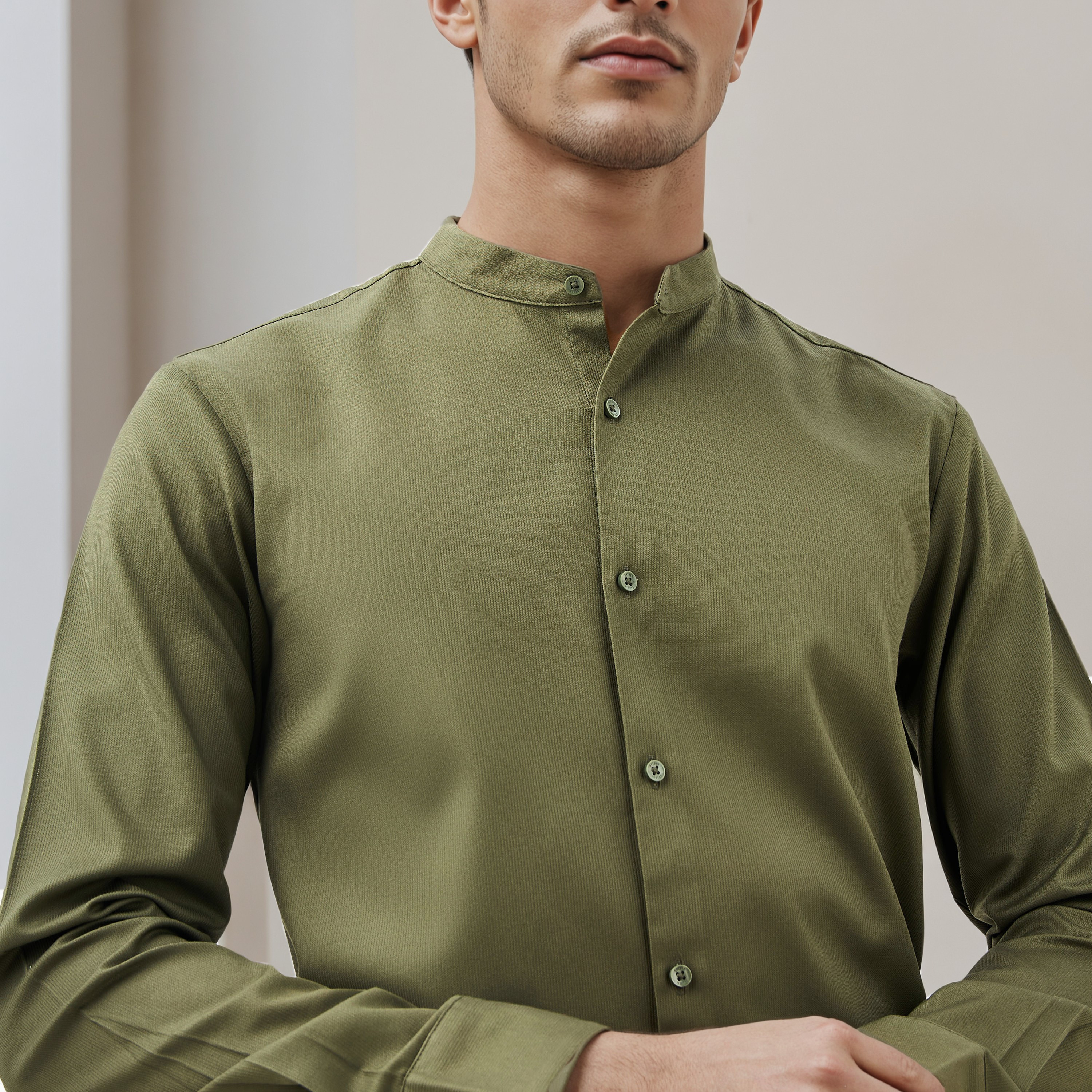 Regular Fit Textured Mandarin Collar Shirt with Long Sleeves-men-clothing-shirts-image-4