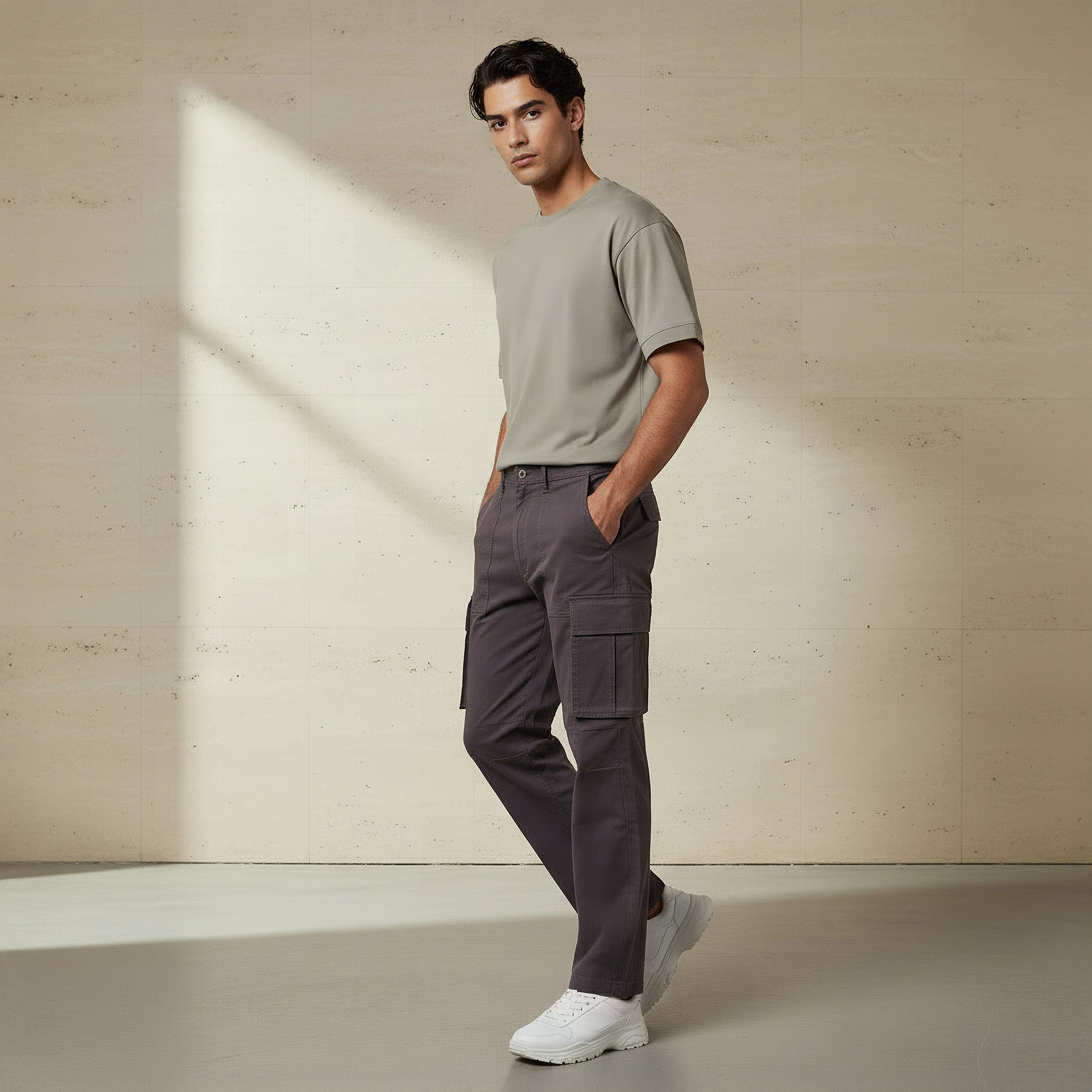 Men Regular Fit Twill Cargo Trousers-men-clothing-bottoms-trousersandchinos-trousers-image-2