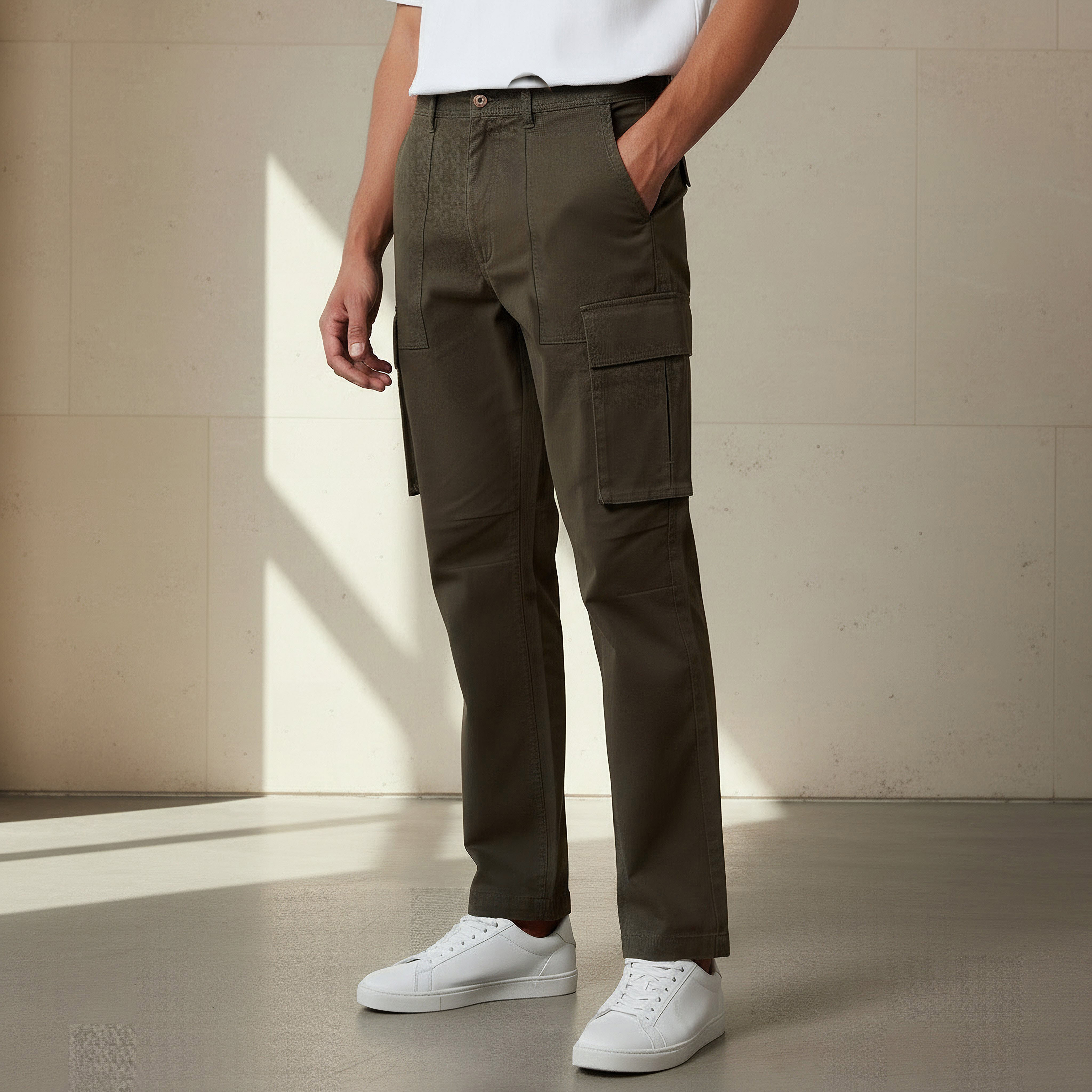 Men Regular Fit Twill Cargo Trousers-men-clothing-bottoms-trousersandchinos-trousers-image-1