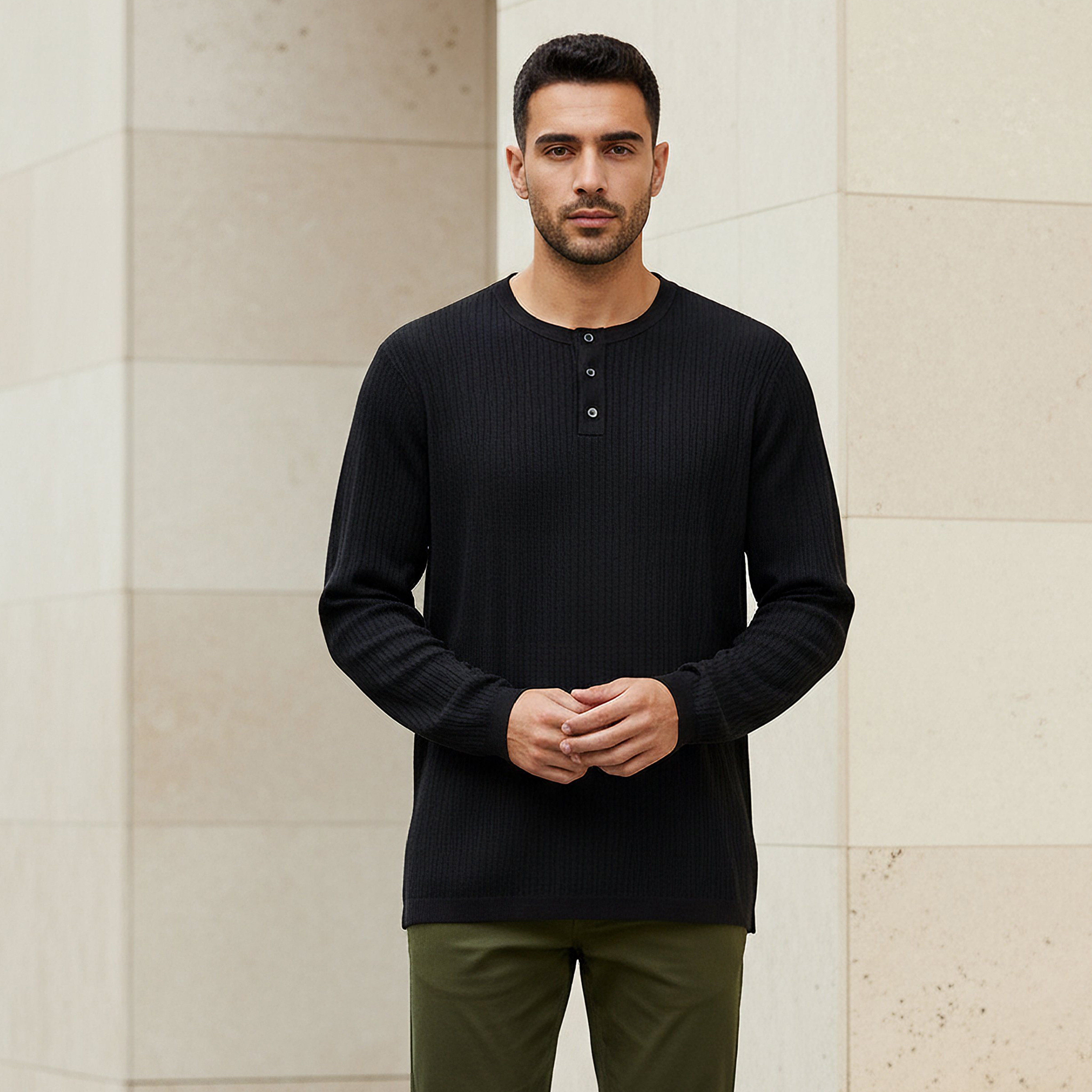 Men Slim Fit Ribbed Henley Neck Sweatshirt-men-winterwear-hoodiesandsweatshirts-image-1
