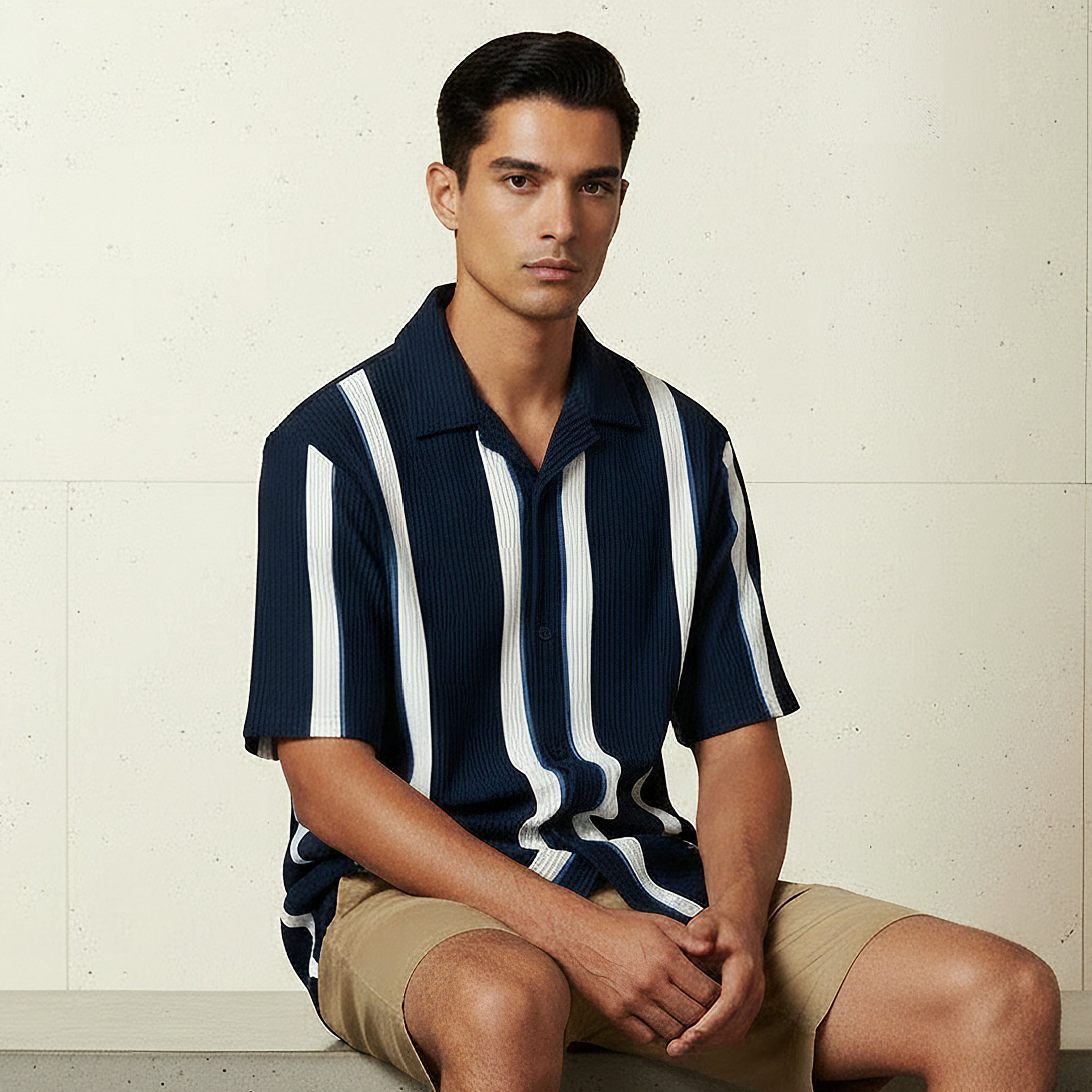 Men Slim Fit Camp Collar Striped Short Sleeve Shirt-men-clothing-shirts-image-1