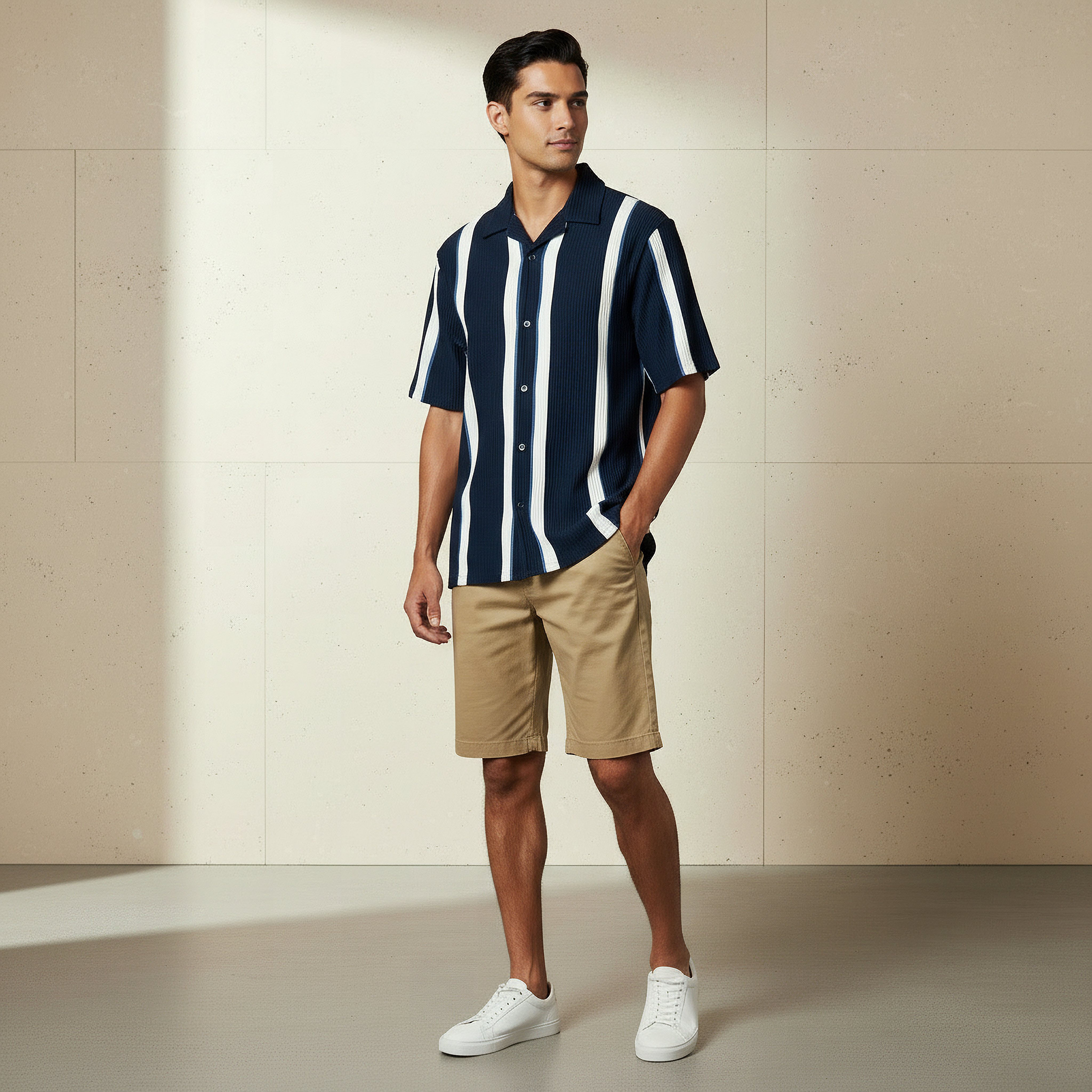 Men Slim Fit Camp Collar Striped Short Sleeve Shirt-men-clothing-shirts-image-2