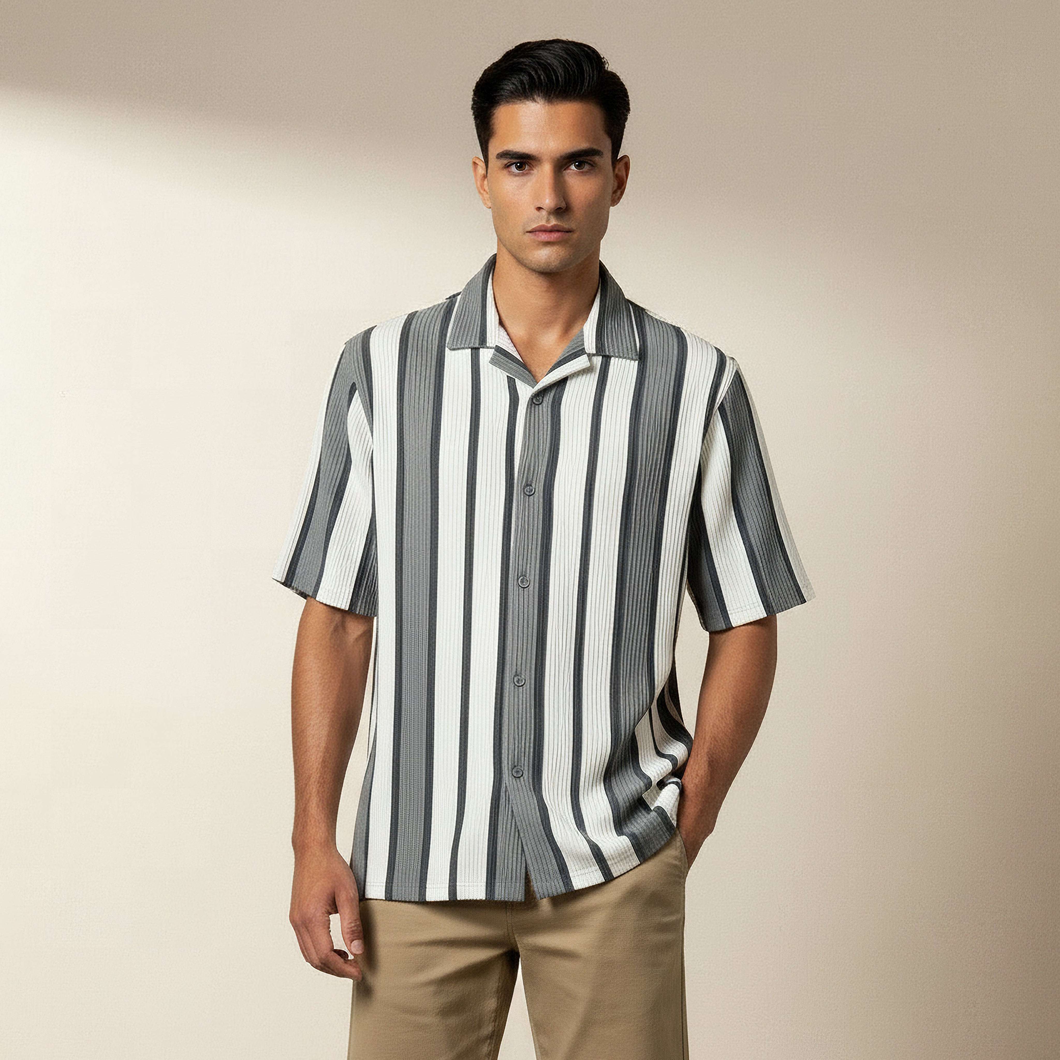 Men Slim Fit Camp Collar Striped Short Sleeve Shirt-men-clothing-shirts-image-1