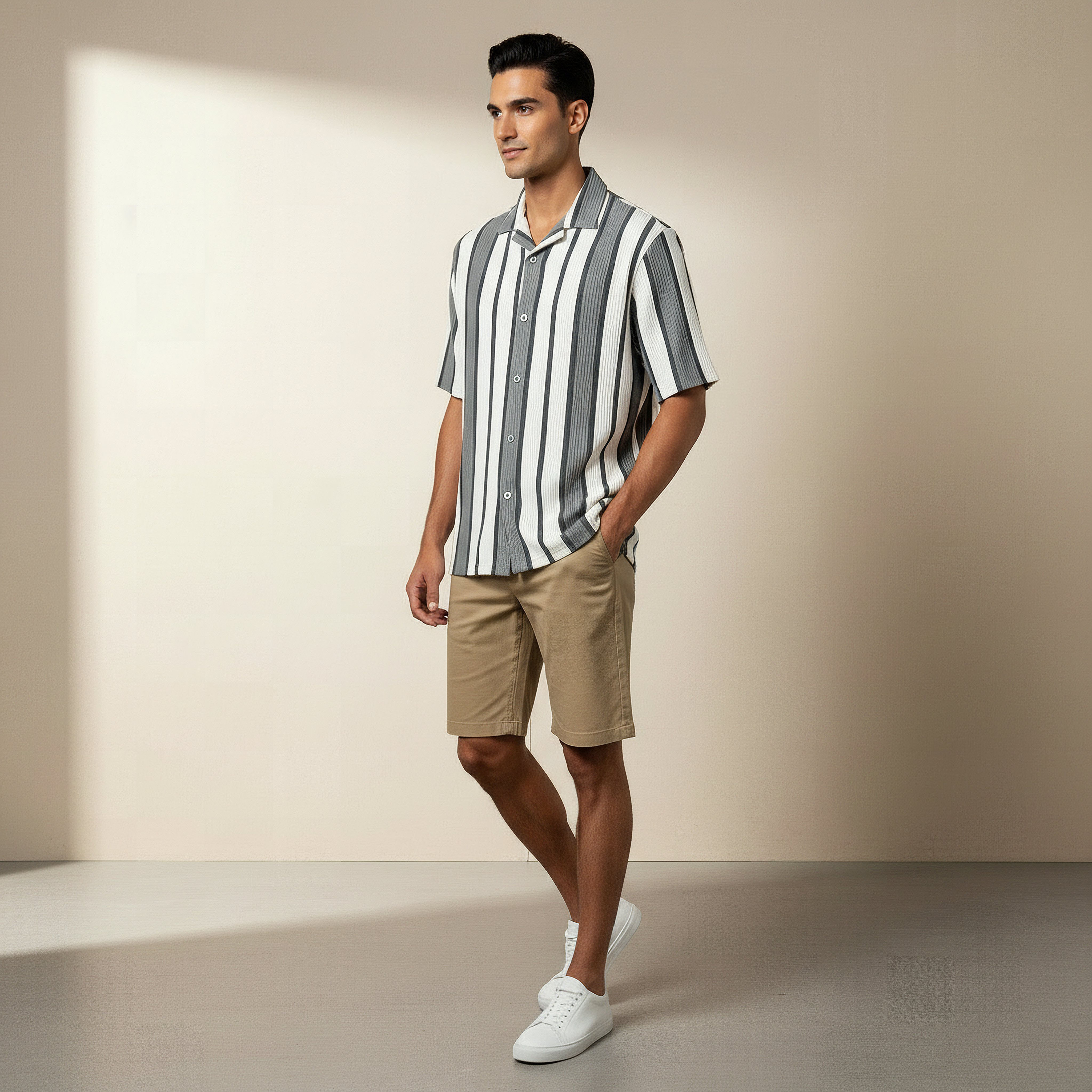 Men Slim Fit Camp Collar Striped Short Sleeve Shirt-men-clothing-shirts-image-2
