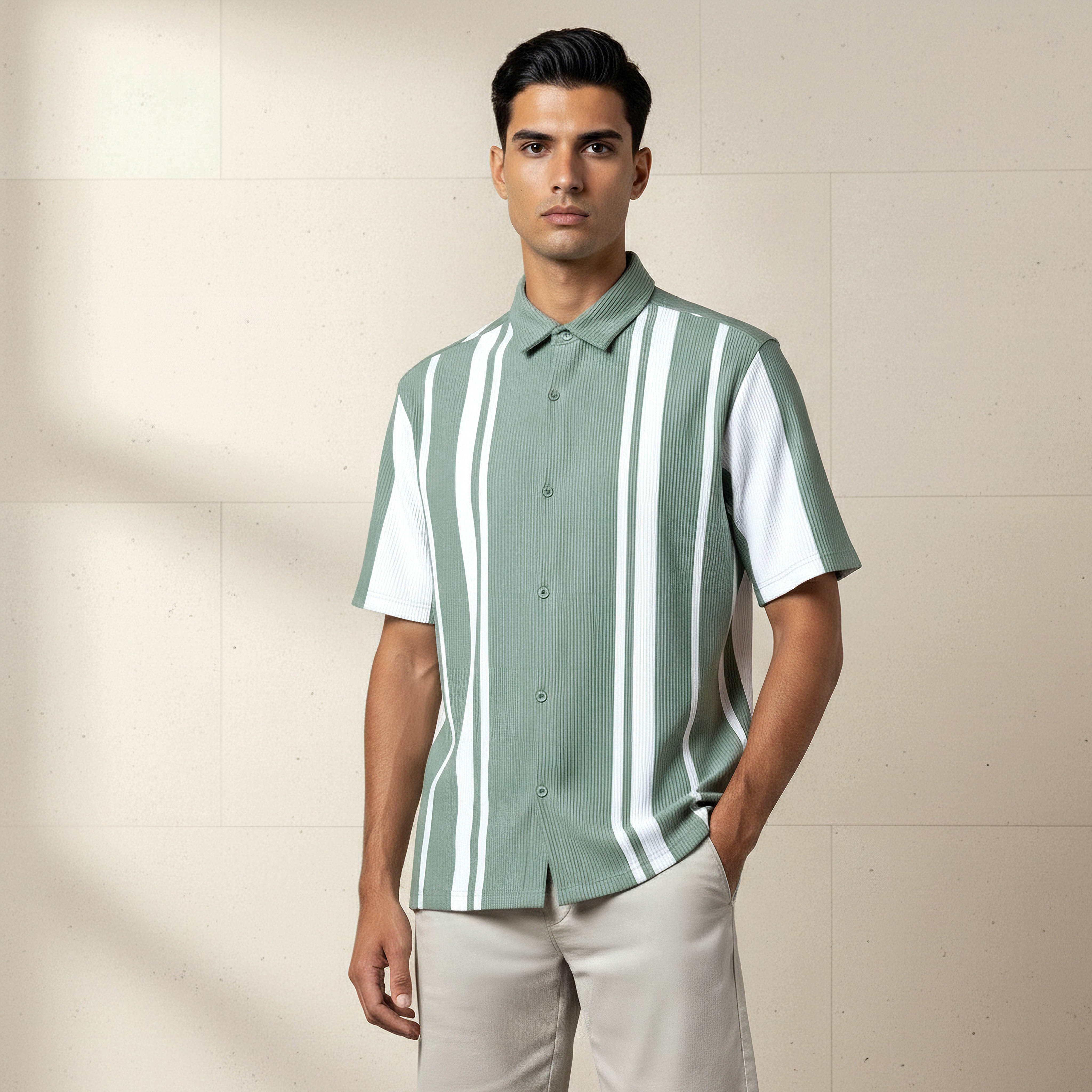 تيشيرت ريسورت بولو رجالي مخطط بياقة وقصة عادية وأكمام قصيرة-men-clothing-shirts-image-1