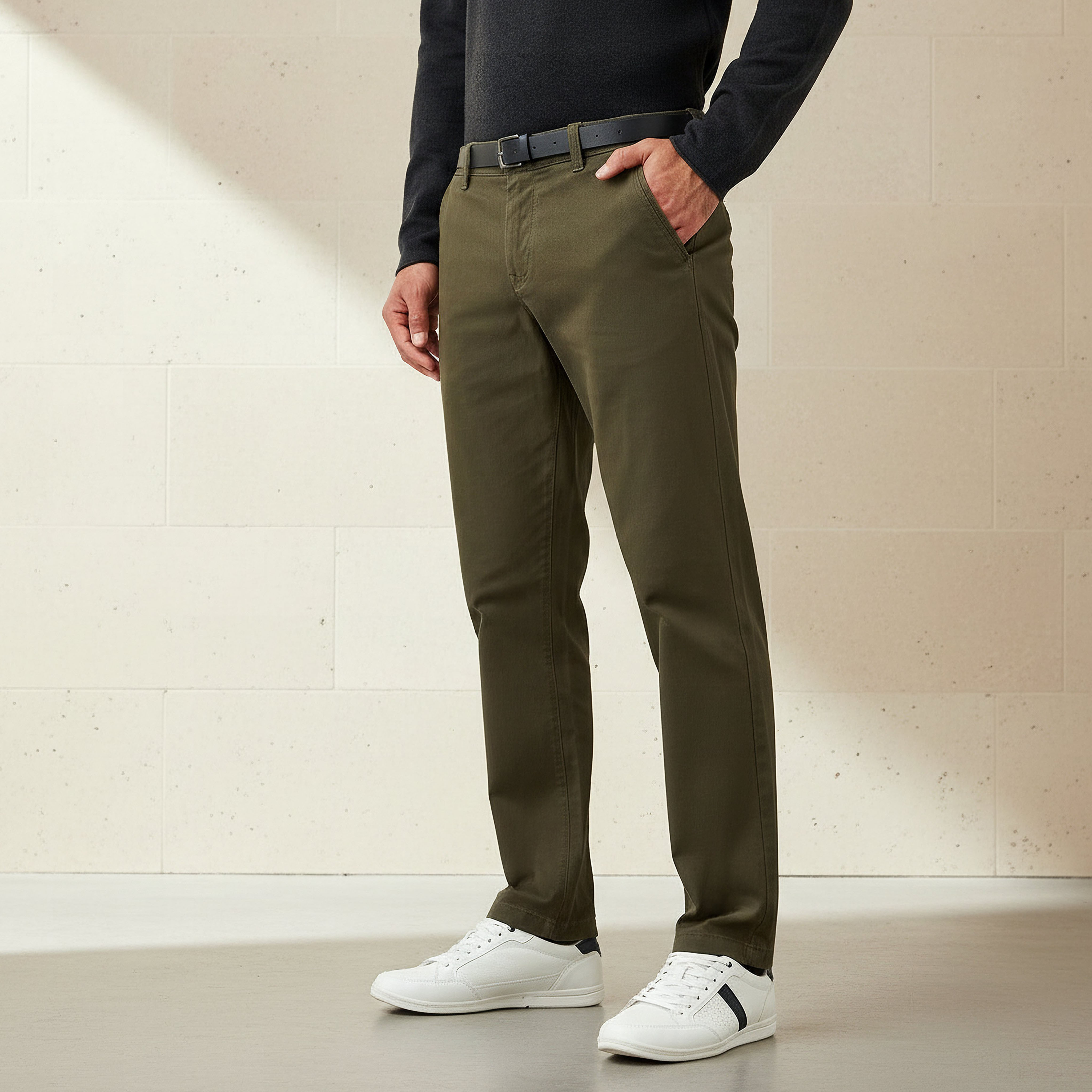 بنطلون تشينو قطن بحزام وقصة سليم للرجال-men-clothing-bottoms-trousersandchinos-chinos-image-1