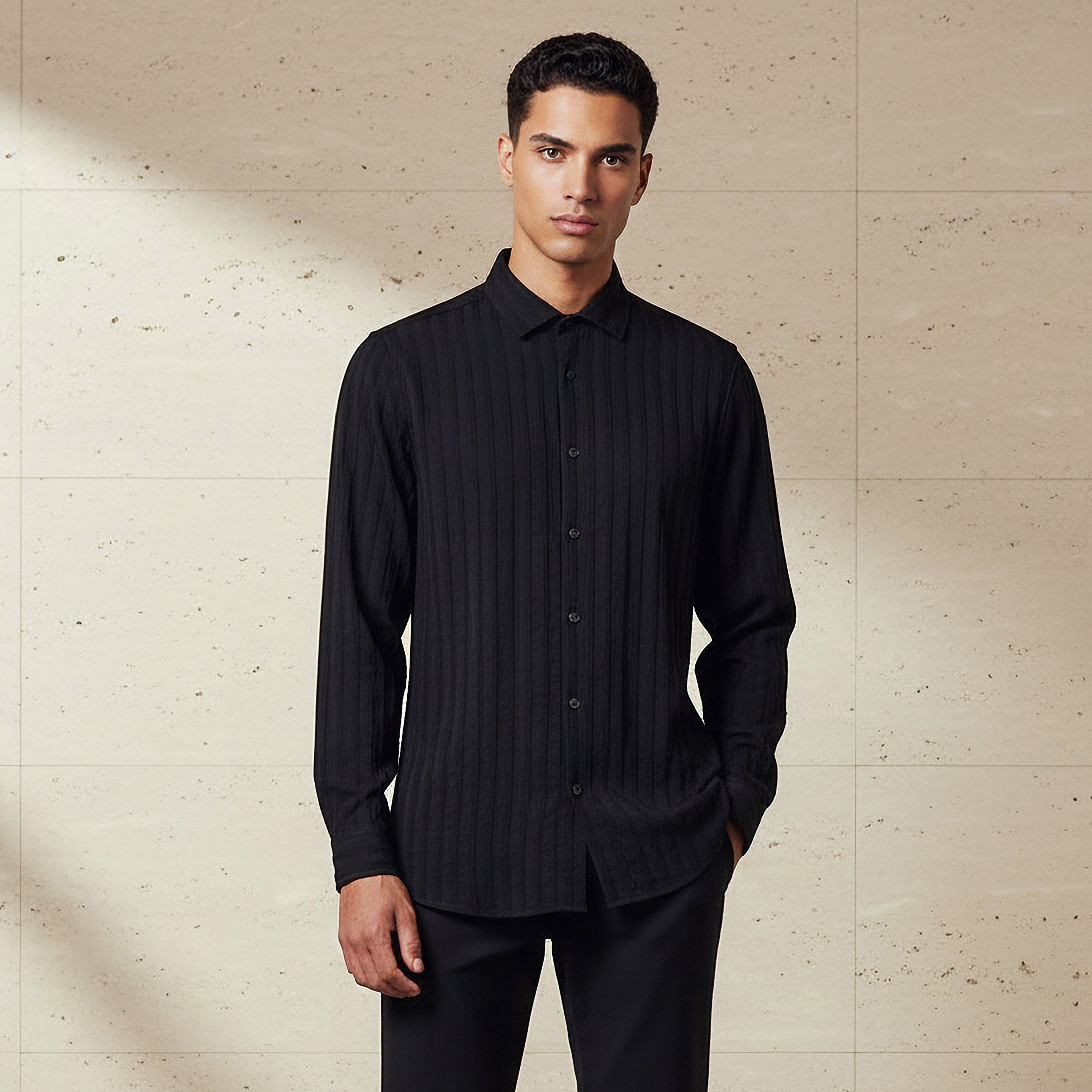 Men Regular Fit Collared Textured Long Sleeves Shirt-men-clothing-shirts-image-1