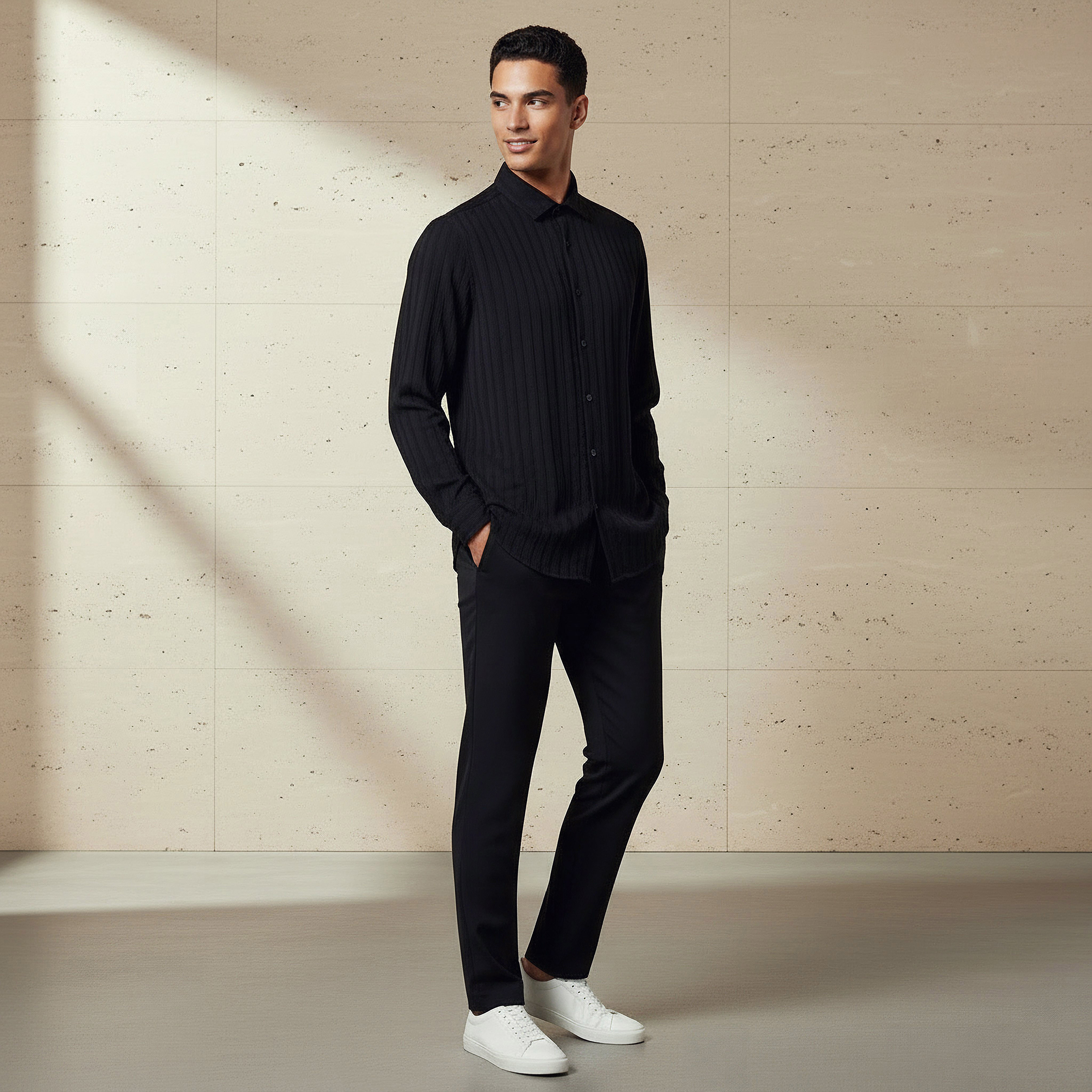 Men Regular Fit Collared Textured Long Sleeves Shirt-men-clothing-shirts-image-2