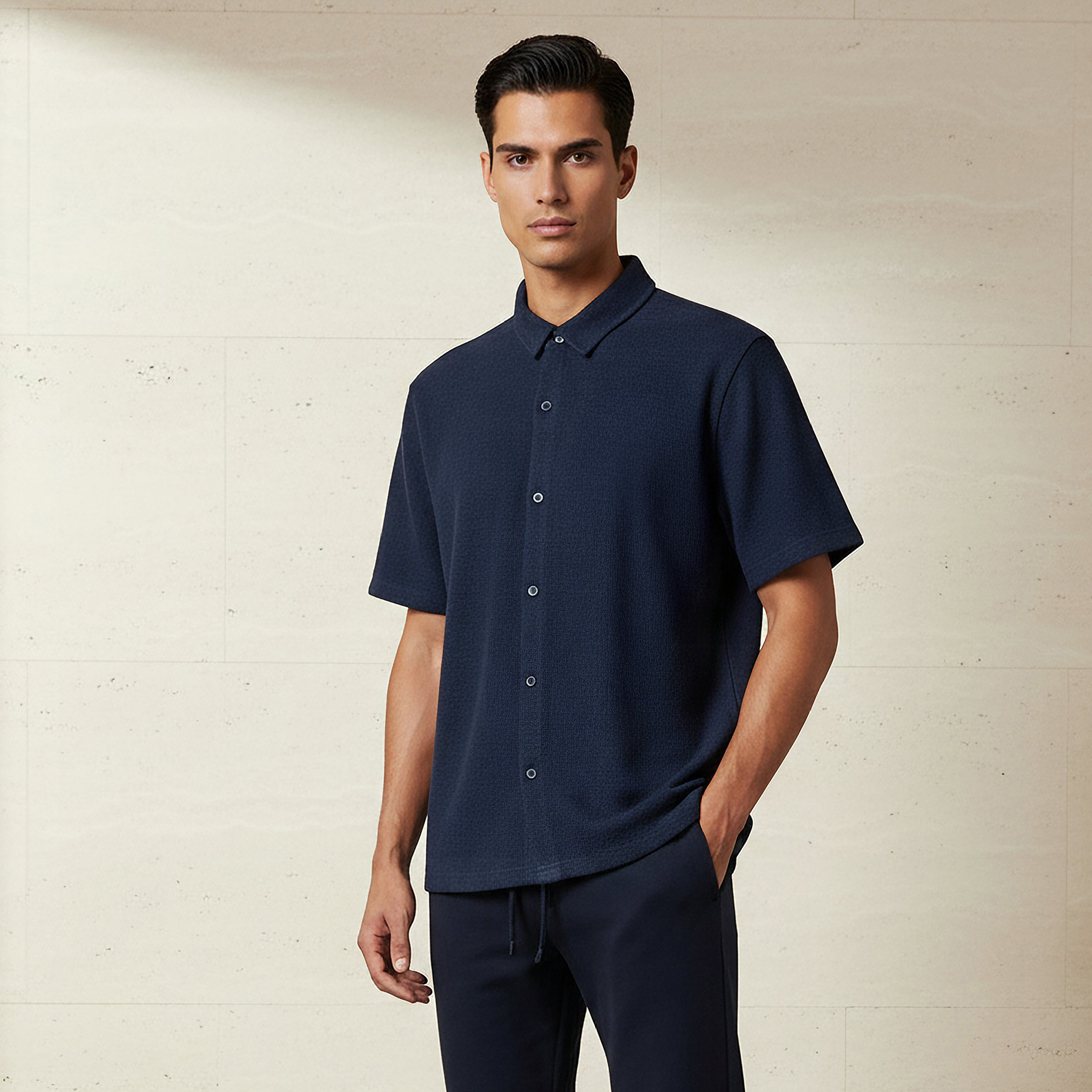 قميص بقصة عادية وياقة وملمس بارز وأكمام قصيرة للرجال-men-clothing-shirts-image-1