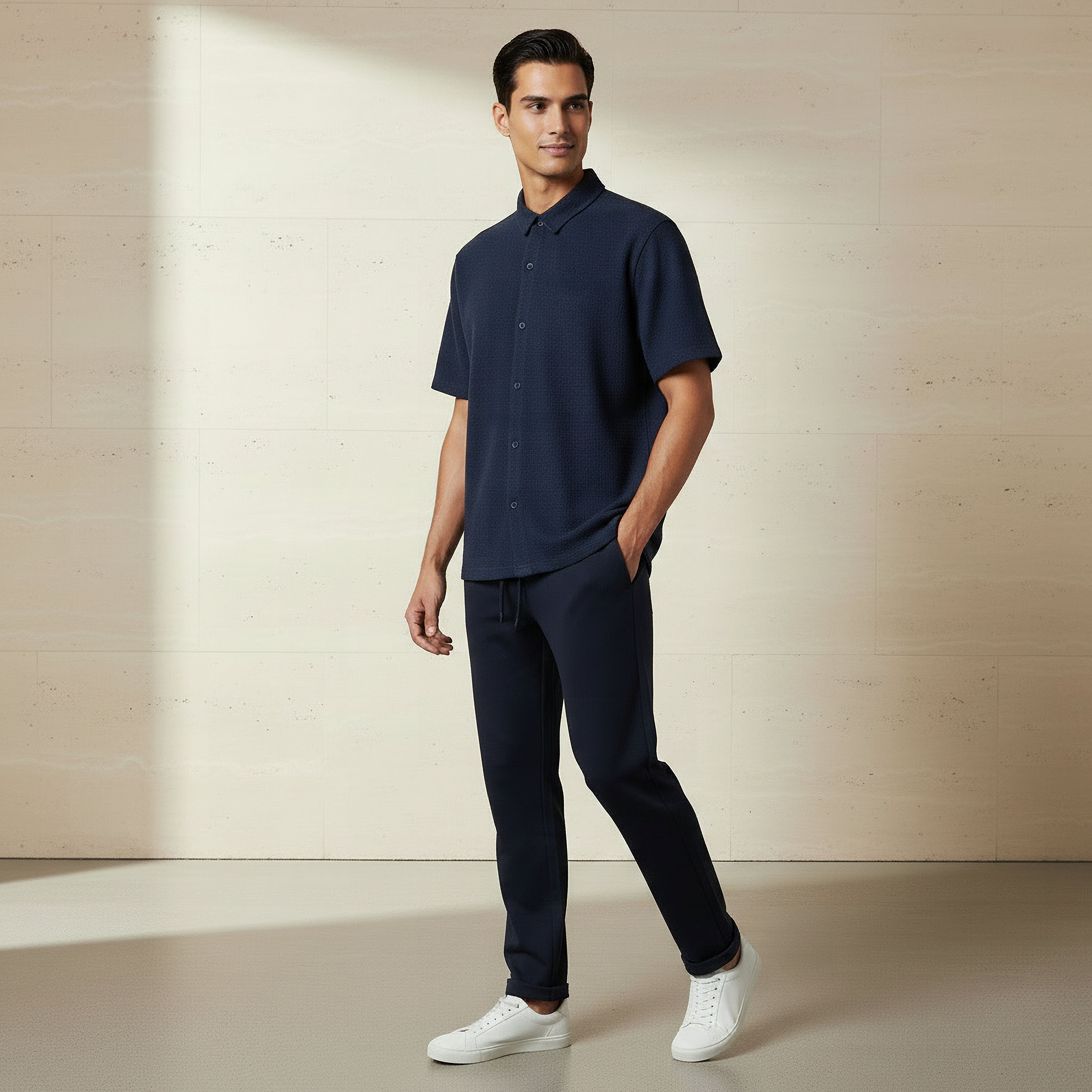 قميص بقصة عادية وياقة وملمس بارز وأكمام قصيرة للرجال-men-clothing-shirts-image-2