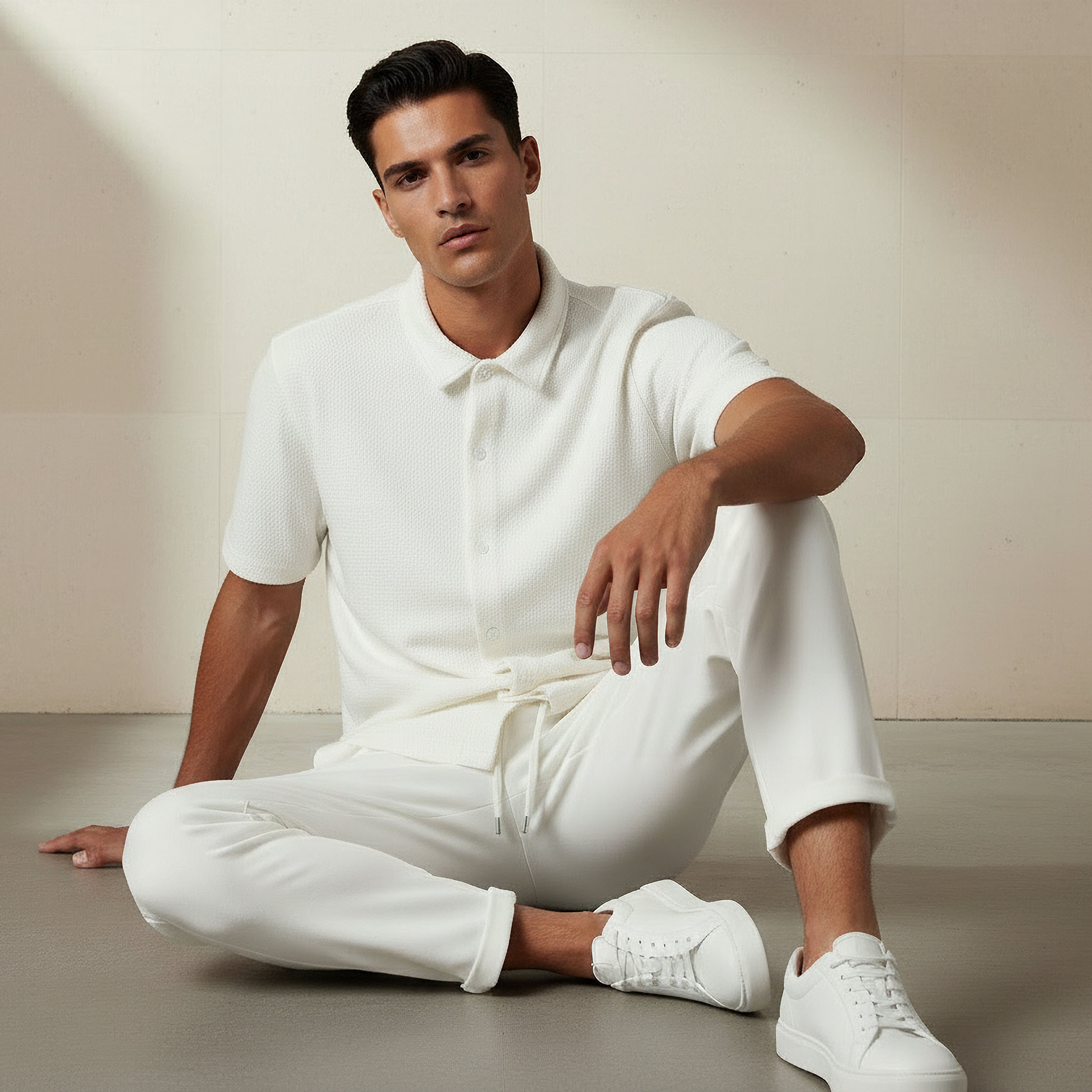 قميص بقصة عادية وياقة وملمس بارز وأكمام قصيرة للرجال-men-clothing-shirts-image-2