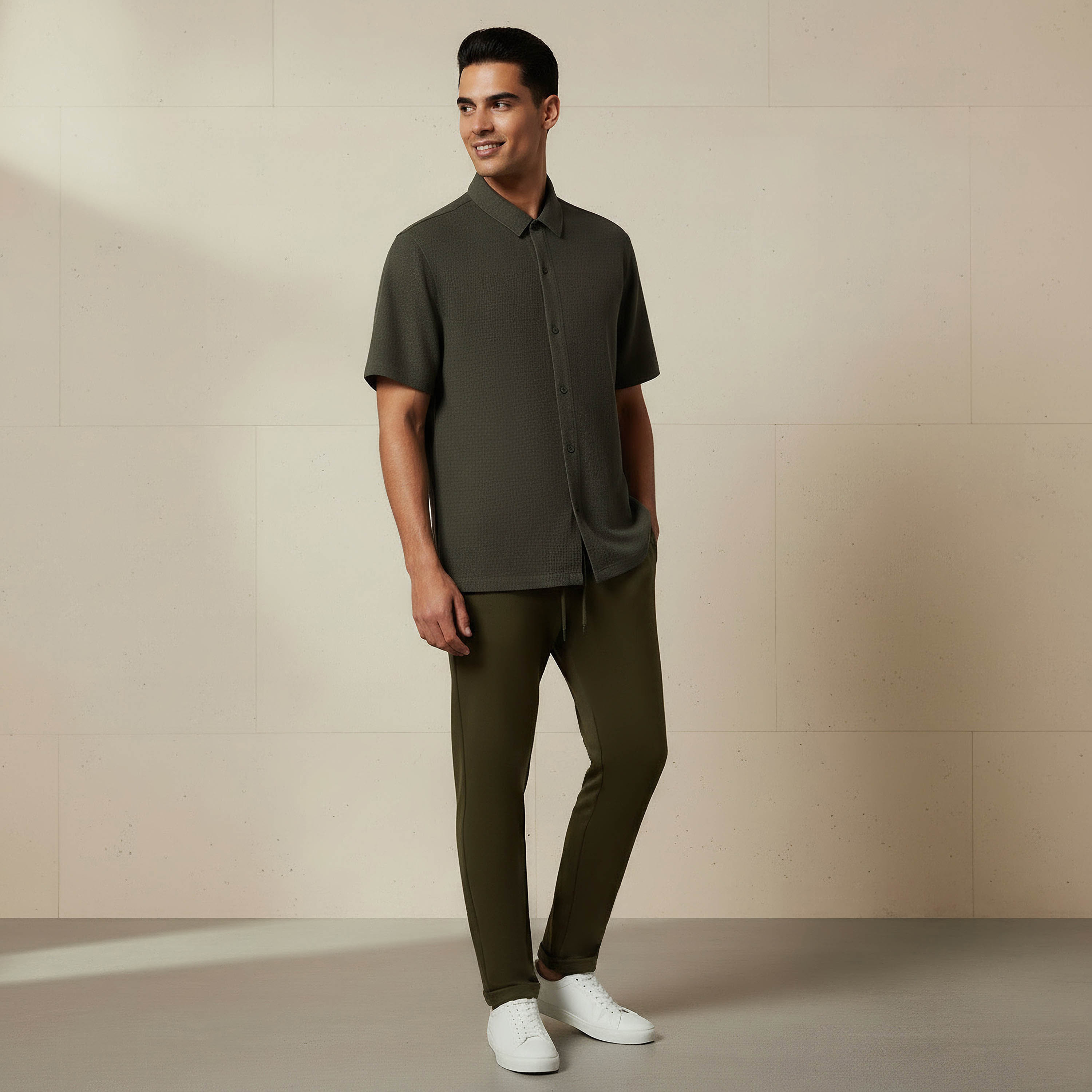 قميص بقصة عادية وياقة وملمس بارز وأكمام قصيرة للرجال-men-clothing-shirts-image-2