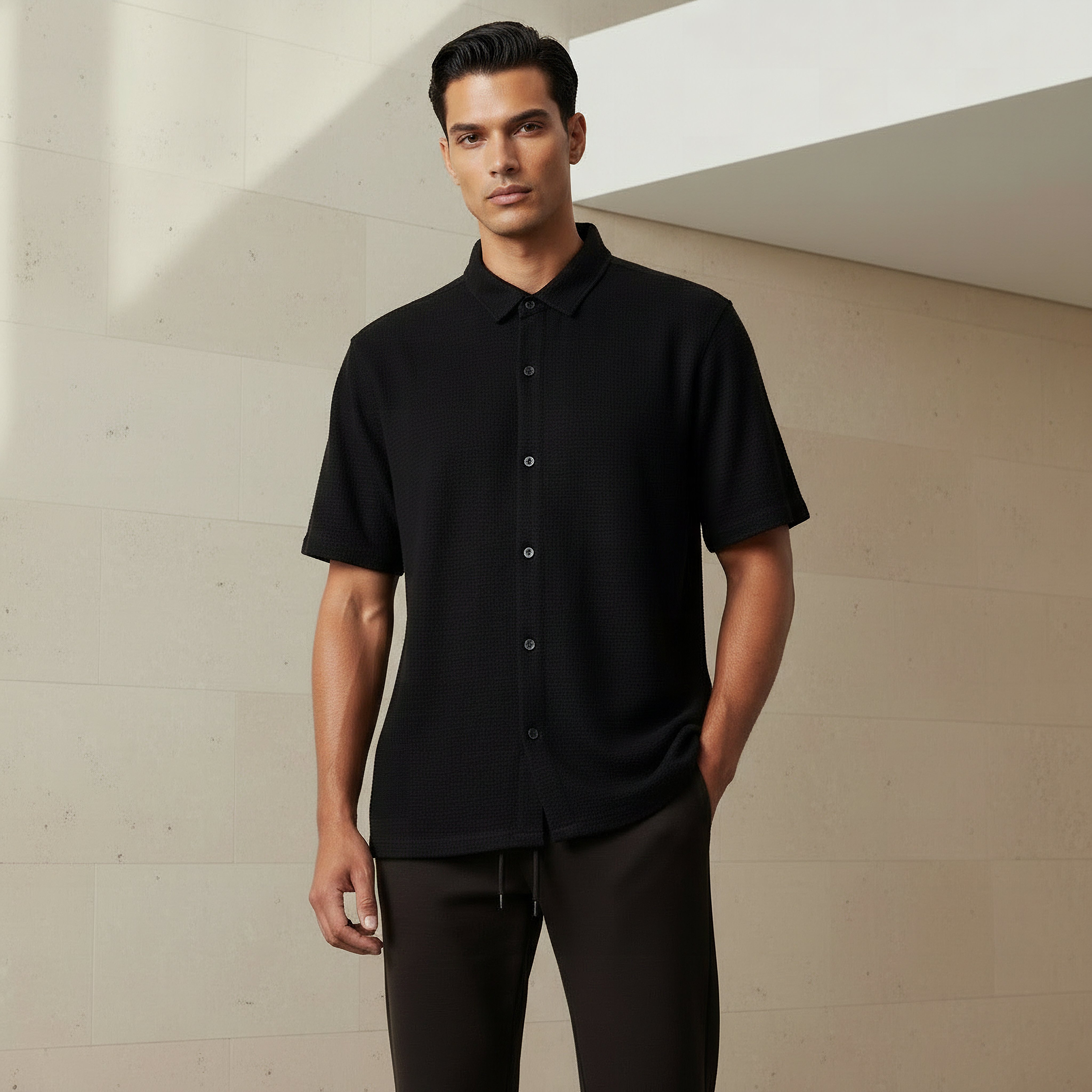 قميص بقصة عادية وياقة وملمس بارز وأكمام قصيرة للرجال-men-clothing-shirts-image-1