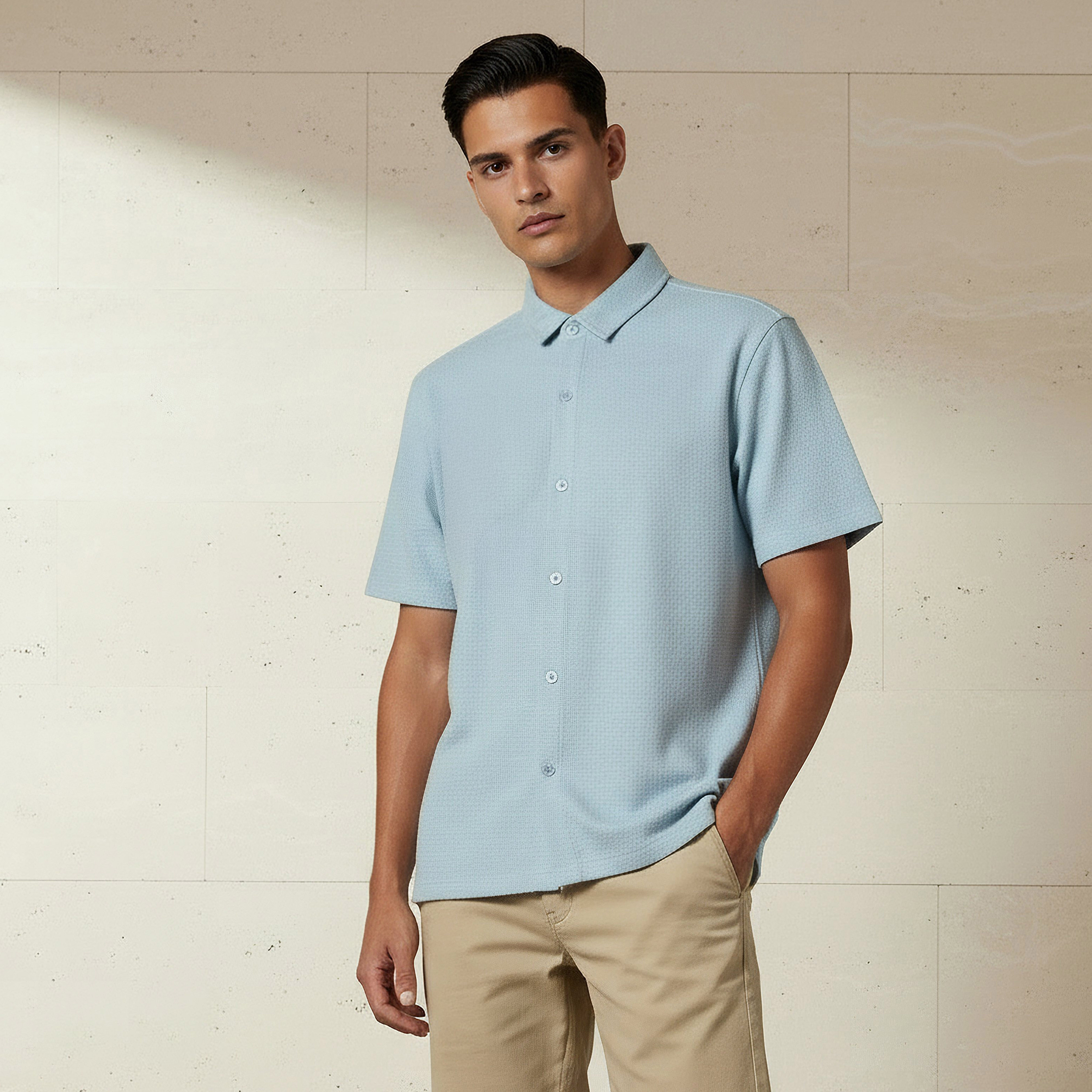 Men Regular Fit Collared Textured Short Sleeves Shirt-men-clothing-shirts-image-1