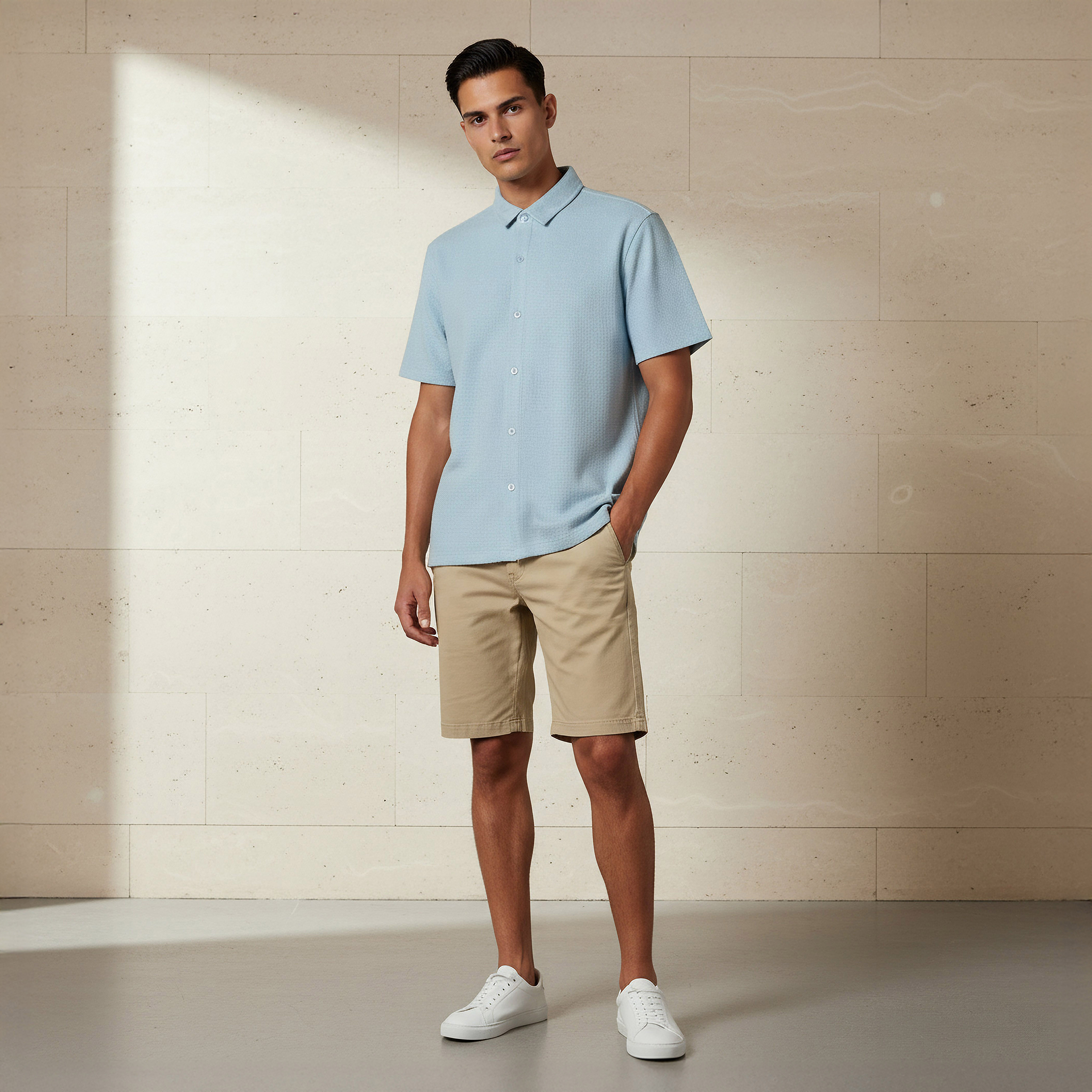 Men Regular Fit Collared Textured Short Sleeves Shirt-men-clothing-shirts-image-2