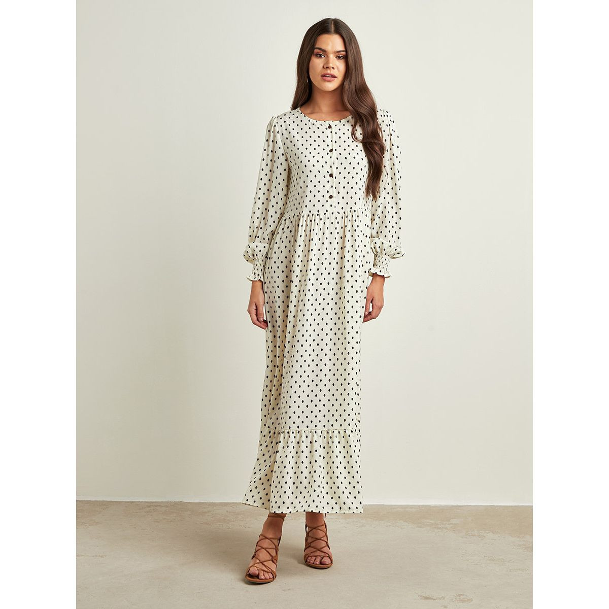 فستان طويل منقط بأزرار أمامية من ستايلي-women-clothing-dresses-image-1