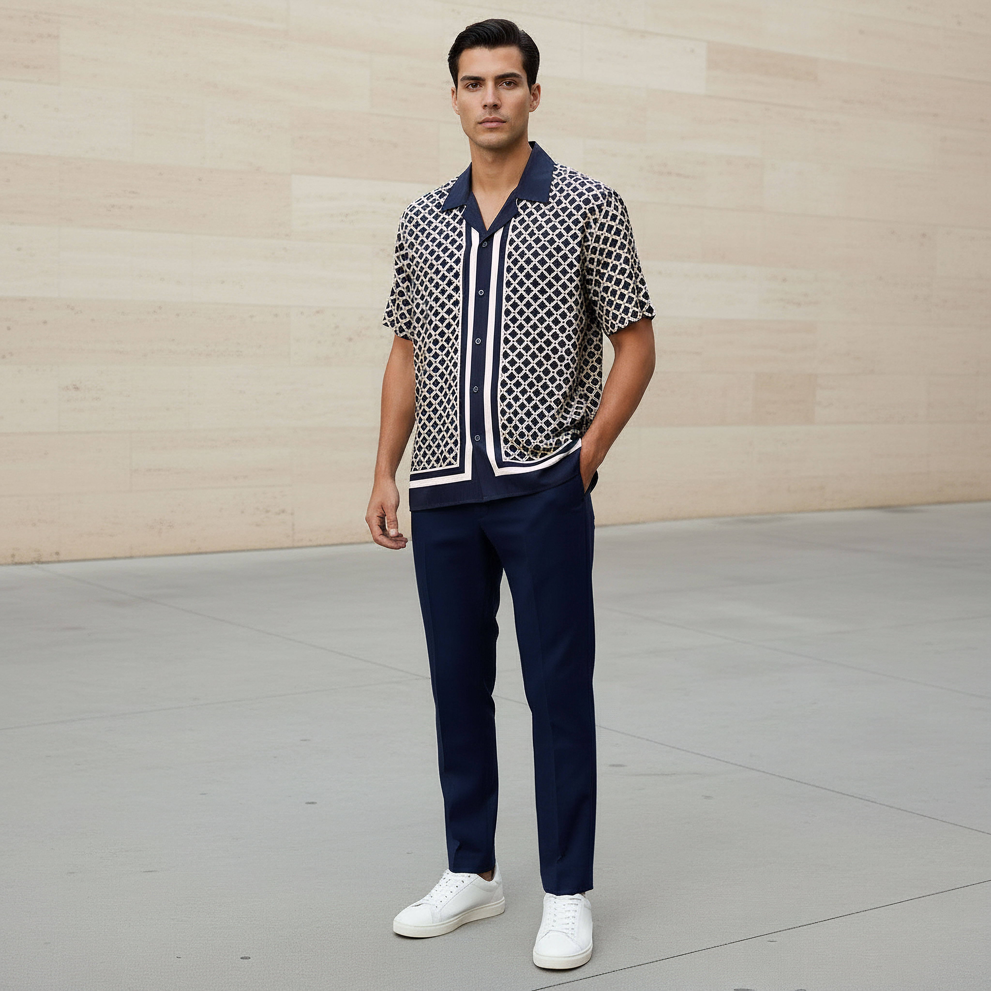 قميص رجالي بقصة منتظمة بياقة كلاسيكية وأكمام قصيرة بطبعات هندسية-men-clothing-shirts-image-2
