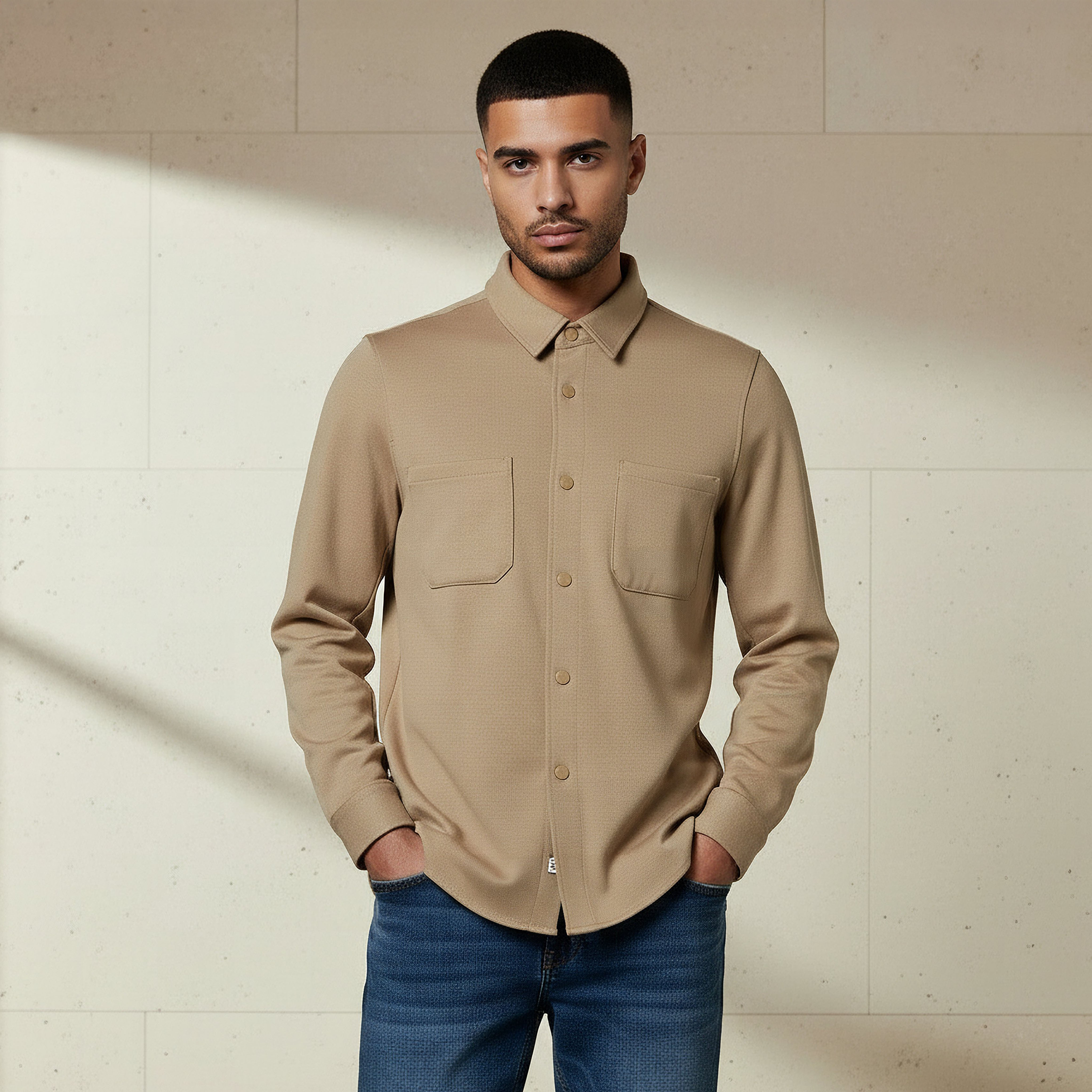 Men Collared Textured Long Sleeve Shacket-men-clothing-shirts-image-1