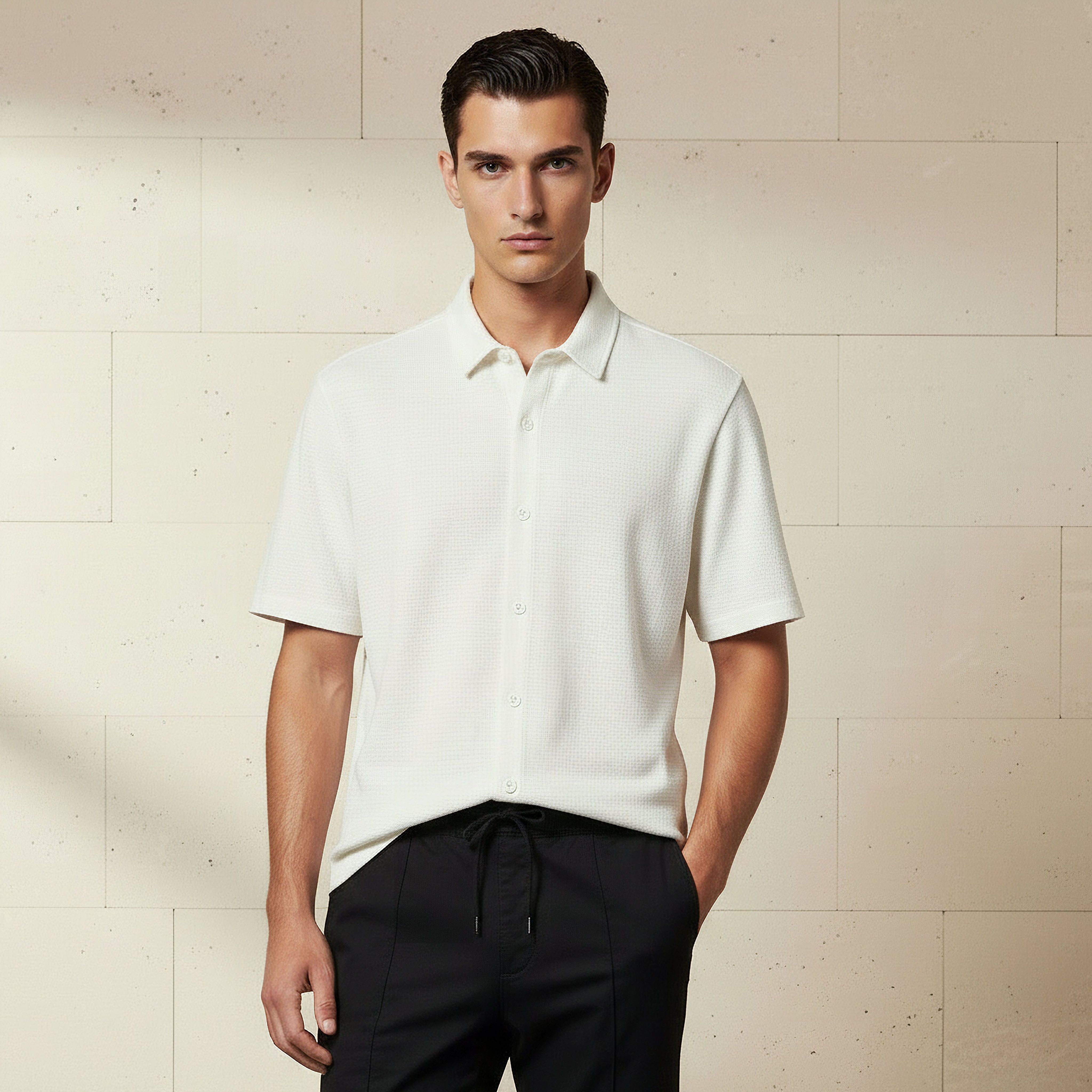 قميص بقصة سليم وأكمام قصيرة وملمس بارز للرجال-men-clothing-shirts-image-1