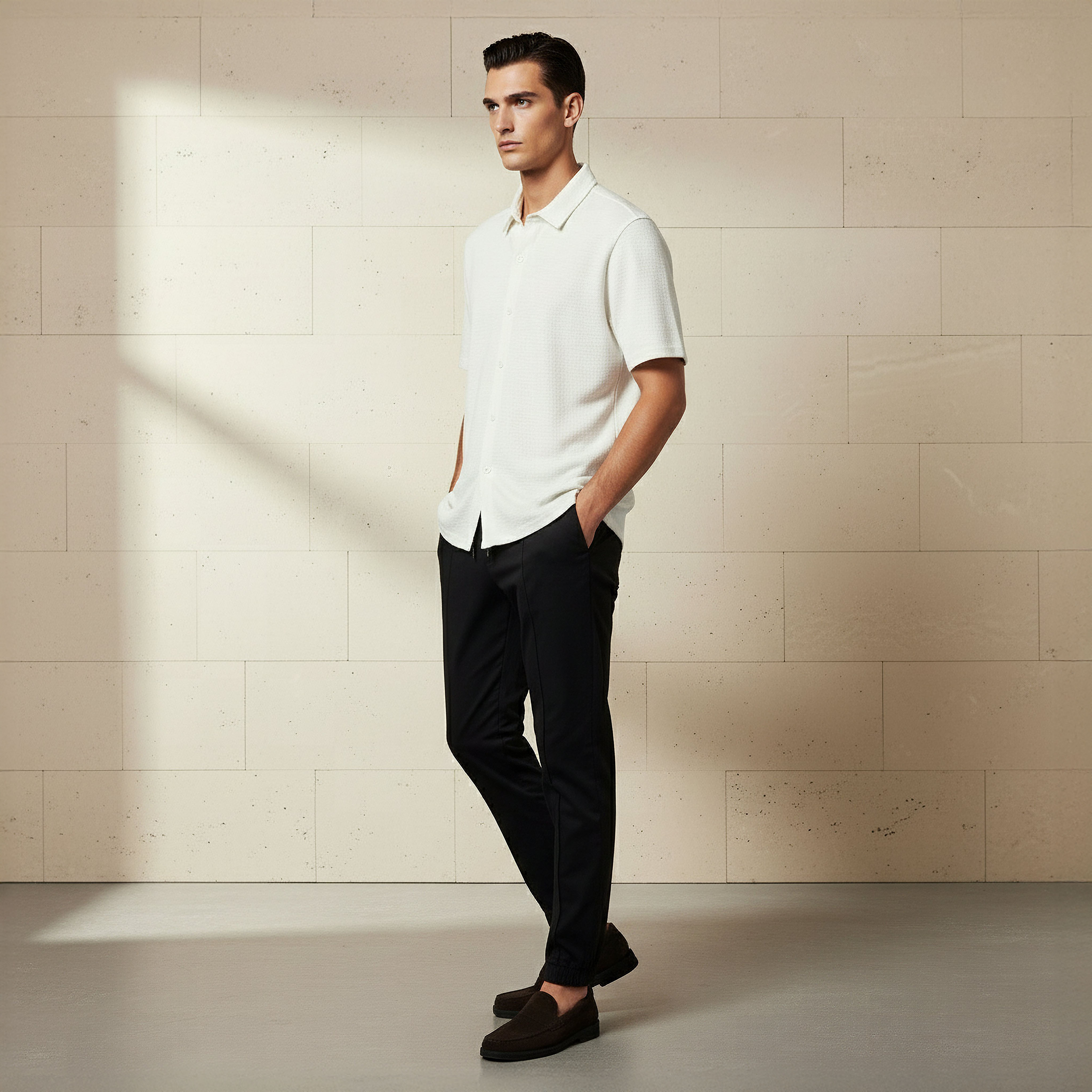 قميص بقصة سليم وأكمام قصيرة وملمس بارز للرجال-men-clothing-shirts-image-2