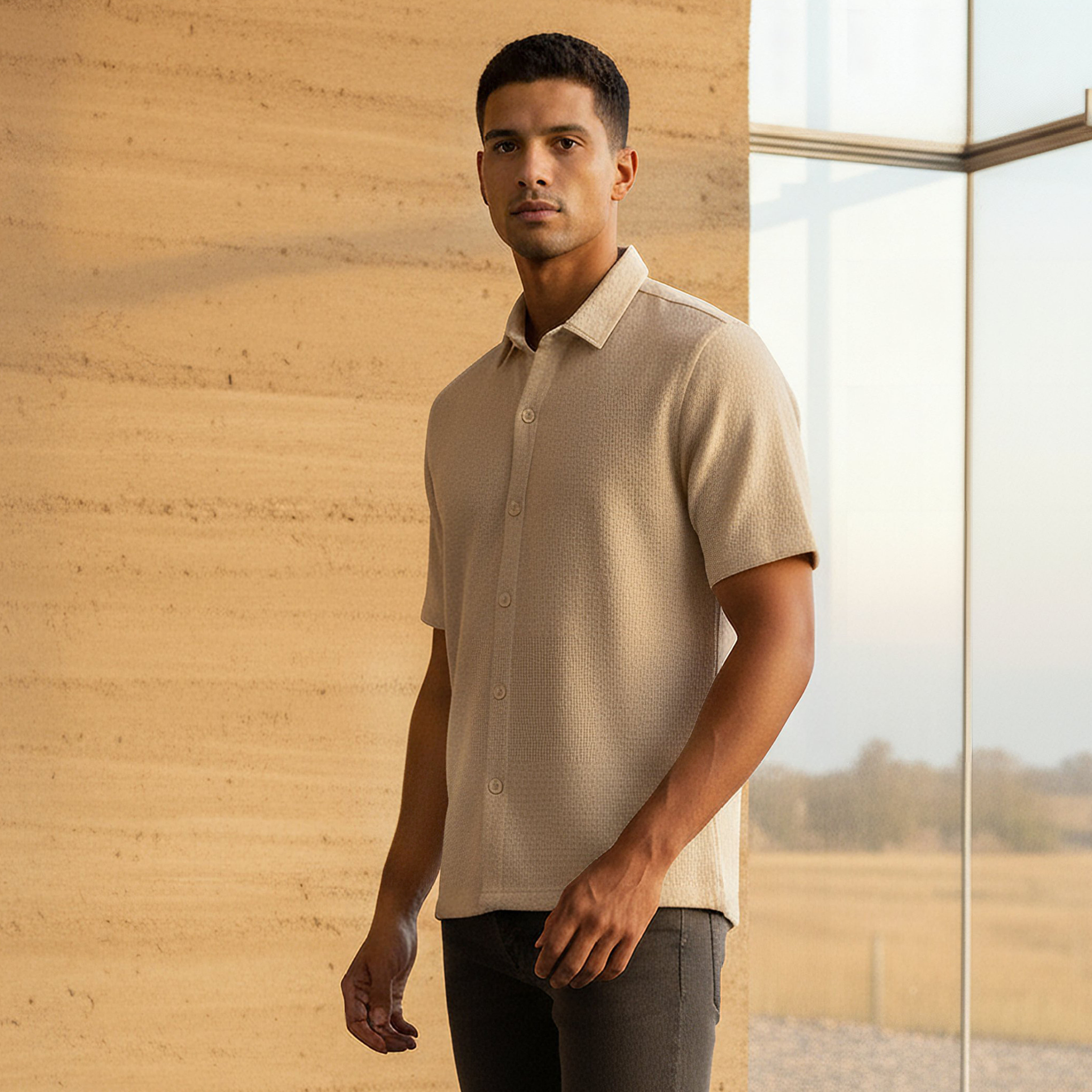 قميص بقصة سليم وأكمام قصيرة وملمس بارز للرجال-men-clothing-shirts-image-1