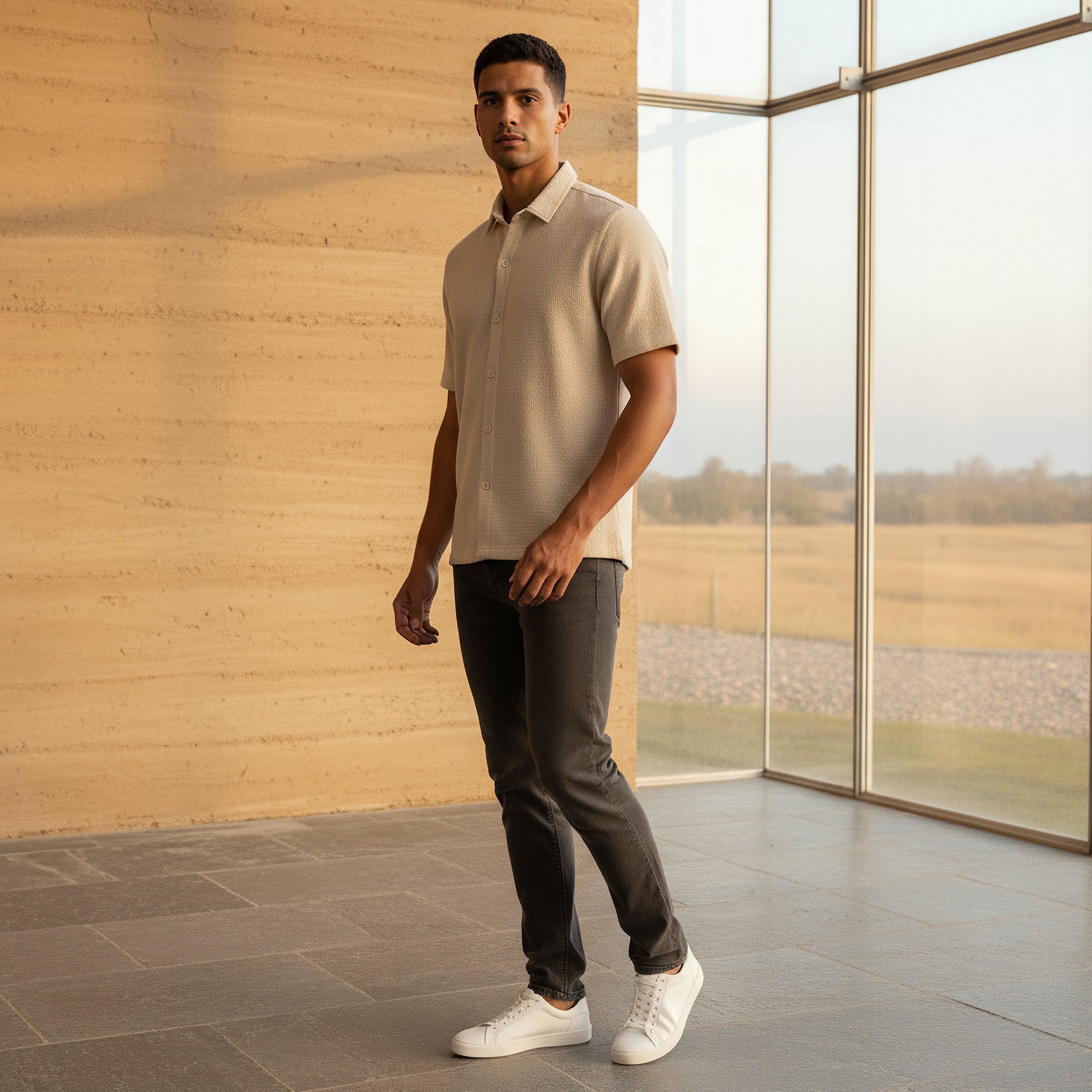 قميص بقصة سليم وأكمام قصيرة وملمس بارز للرجال-men-clothing-shirts-image-2
